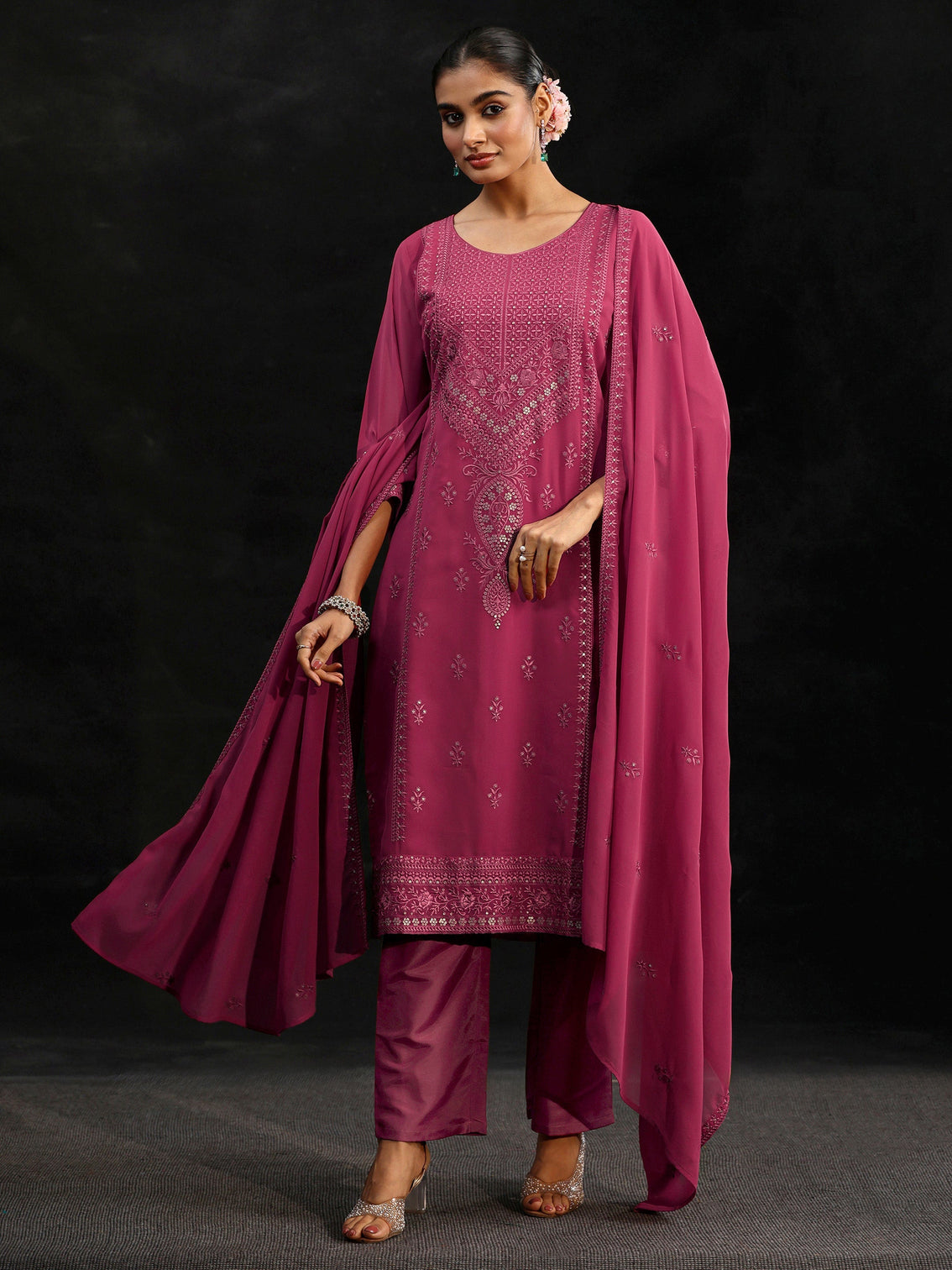 Mameraa Pink Floral Embroidered Georgette Straight Suit Set