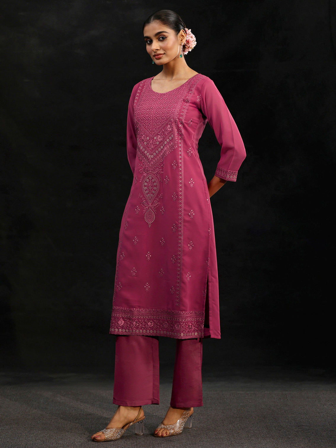 Mameraa Pink Floral Embroidered Georgette Straight Suit Set