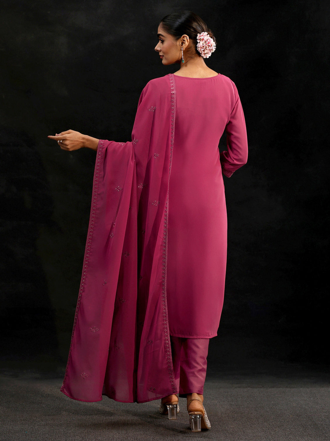 Mameraa Pink Floral Embroidered Georgette Straight Suit Set