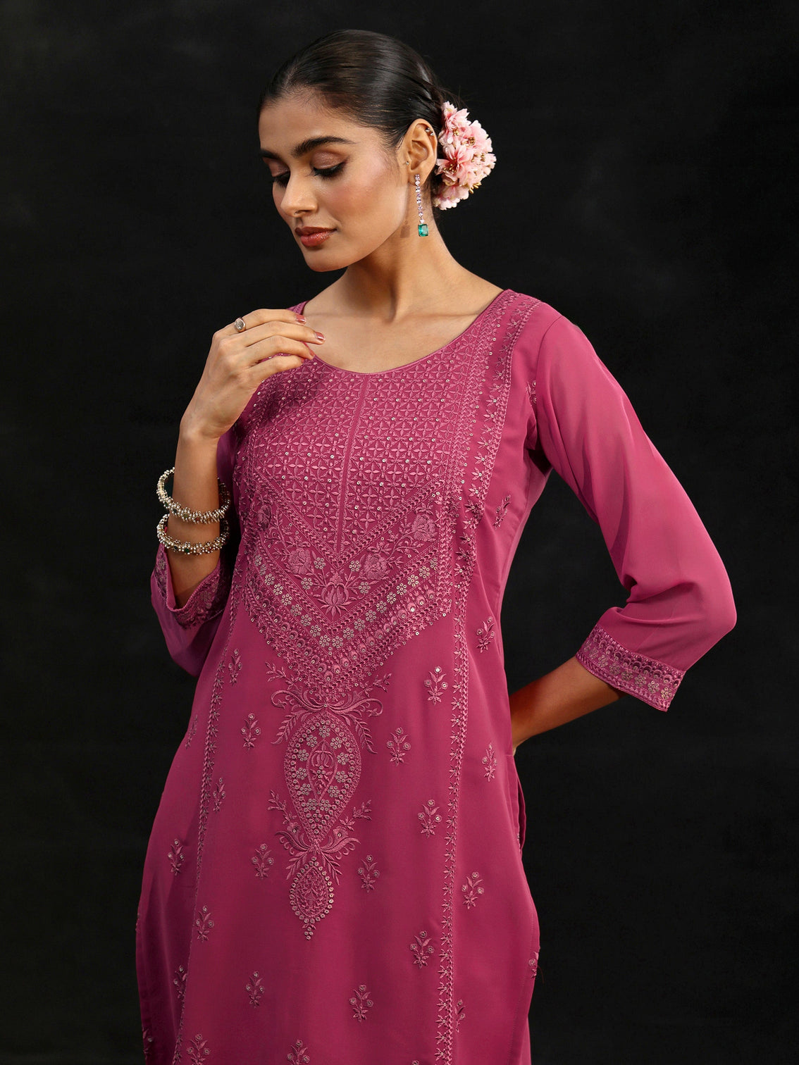 Mameraa Pink Floral Embroidered Georgette Straight Suit Set