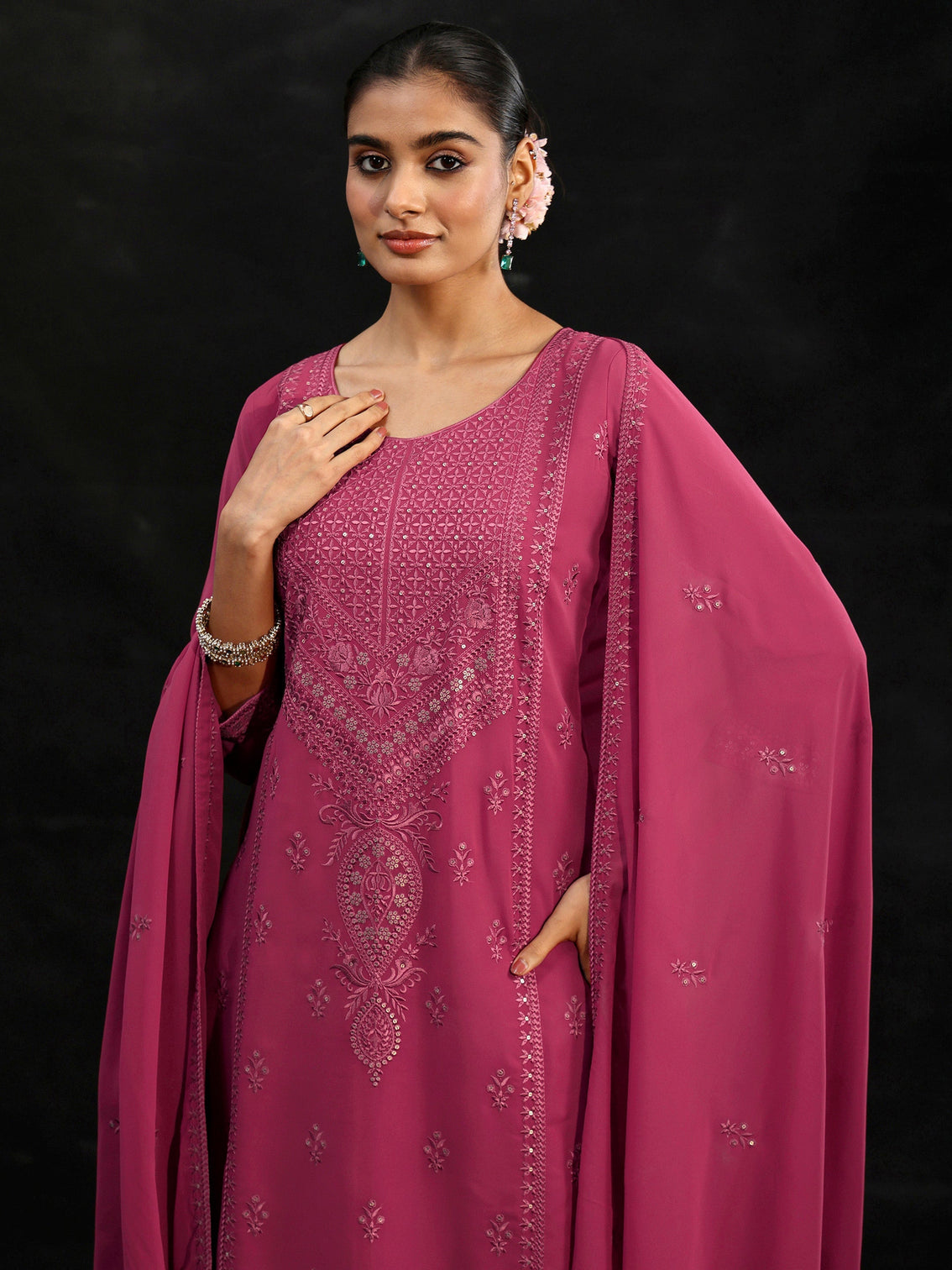 Mameraa Pink Floral Embroidered Georgette Straight Suit Set