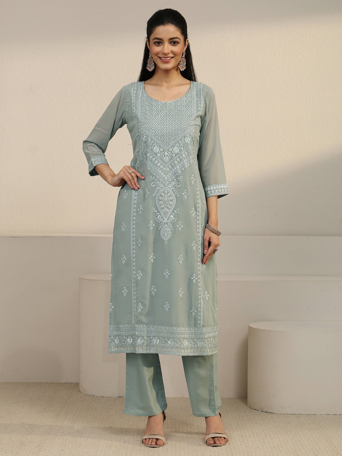 Mameraa Grey Floral Embroidered Georgette Straight Suit Set
