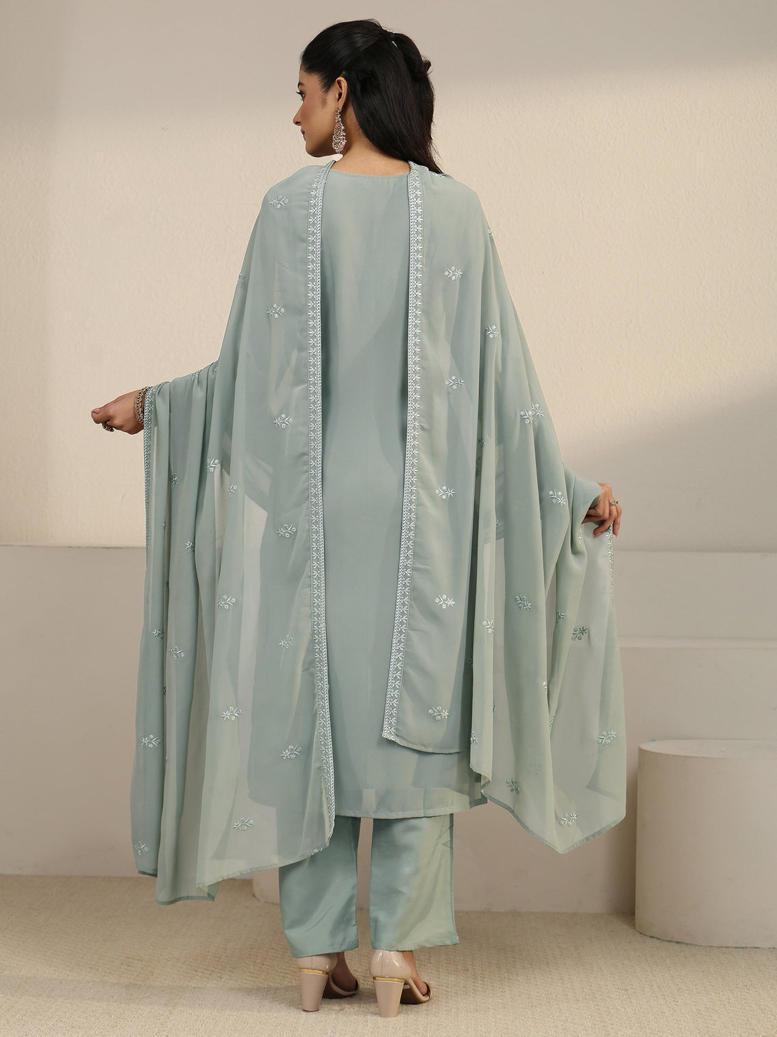 Mameraa Grey Floral Embroidered Georgette Straight Suit Set