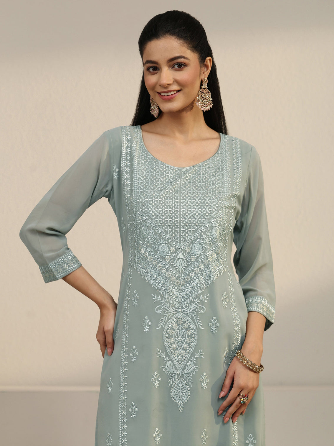 Mameraa Grey Floral Embroidered Georgette Straight Suit Set