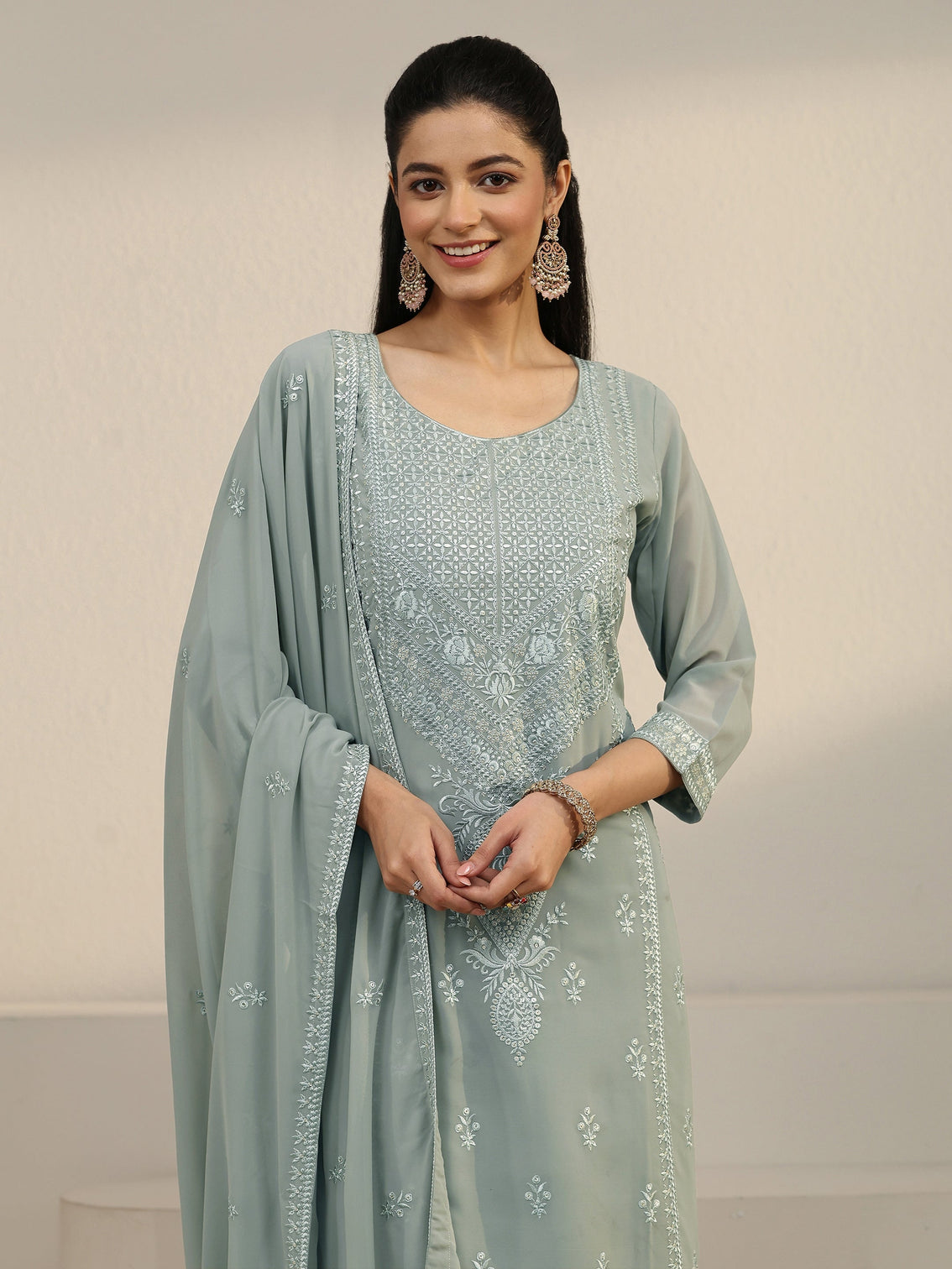 Mameraa Grey Floral Embroidered Georgette Straight Suit Set