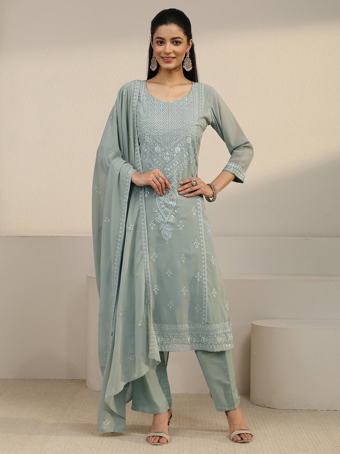 Mameraa Grey Floral Embroidered Georgette Straight Suit Set