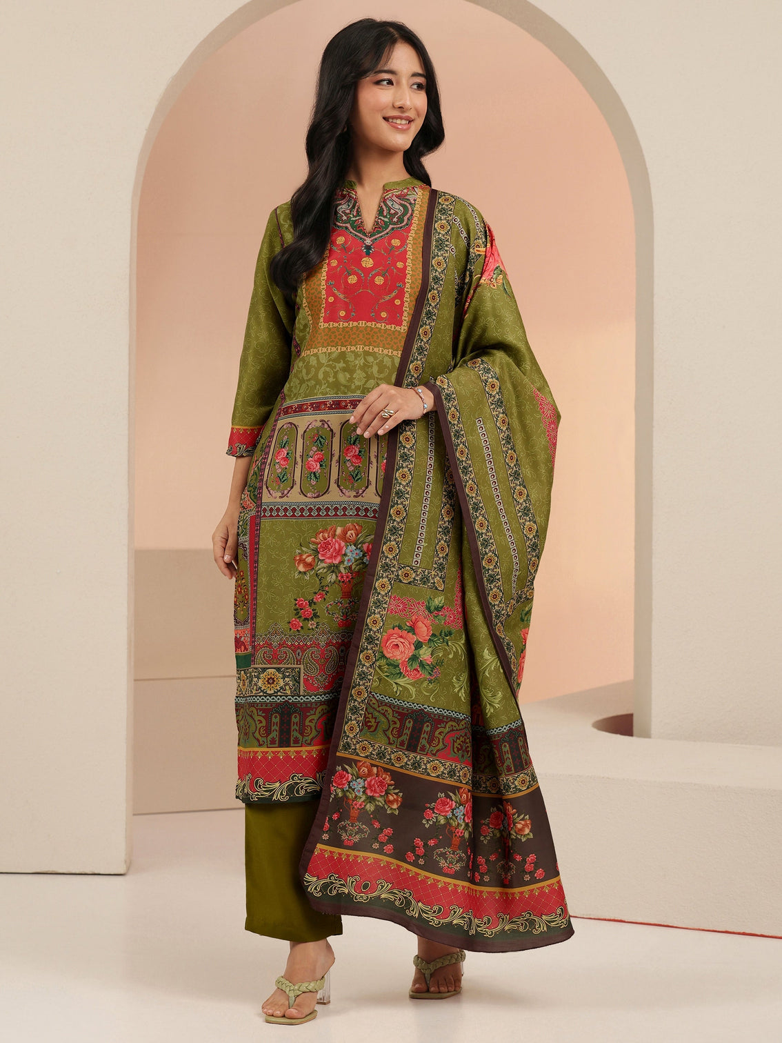 Mameraa Green Floral Printed Silk Blend Straight Suit Set