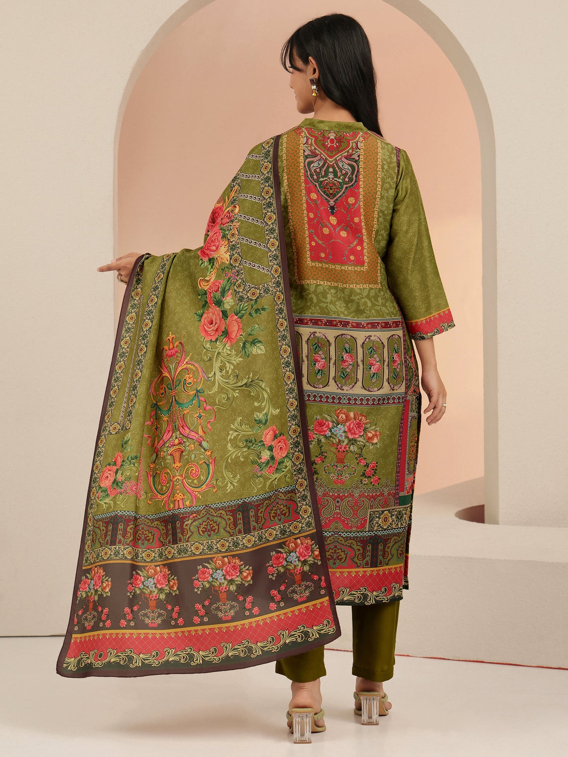 Mameraa Green Floral Printed Silk Blend Straight Suit Set
