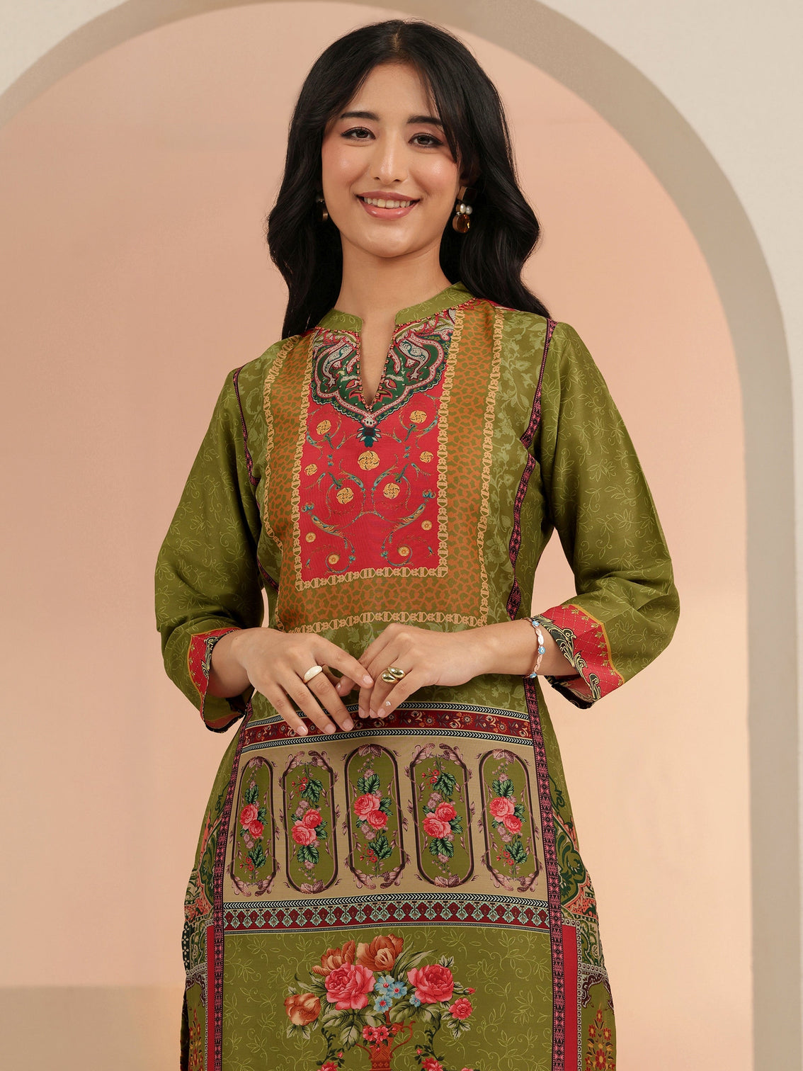 Mameraa Green Floral Printed Silk Blend Straight Suit Set