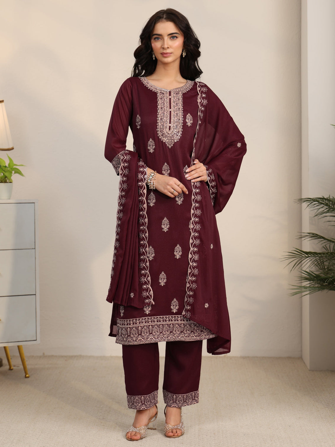 Mameraa Maroon Embroidered Chinon Straight Suit Set