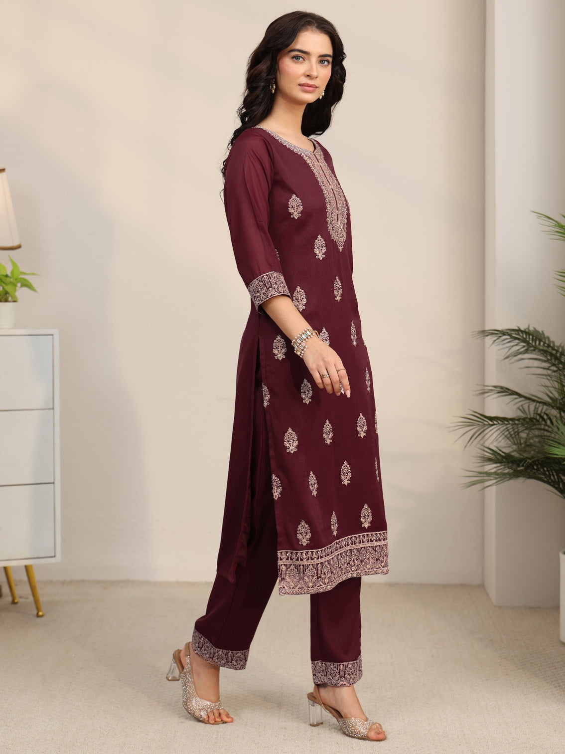 Mameraa Maroon Embroidered Chinon Straight Suit Set