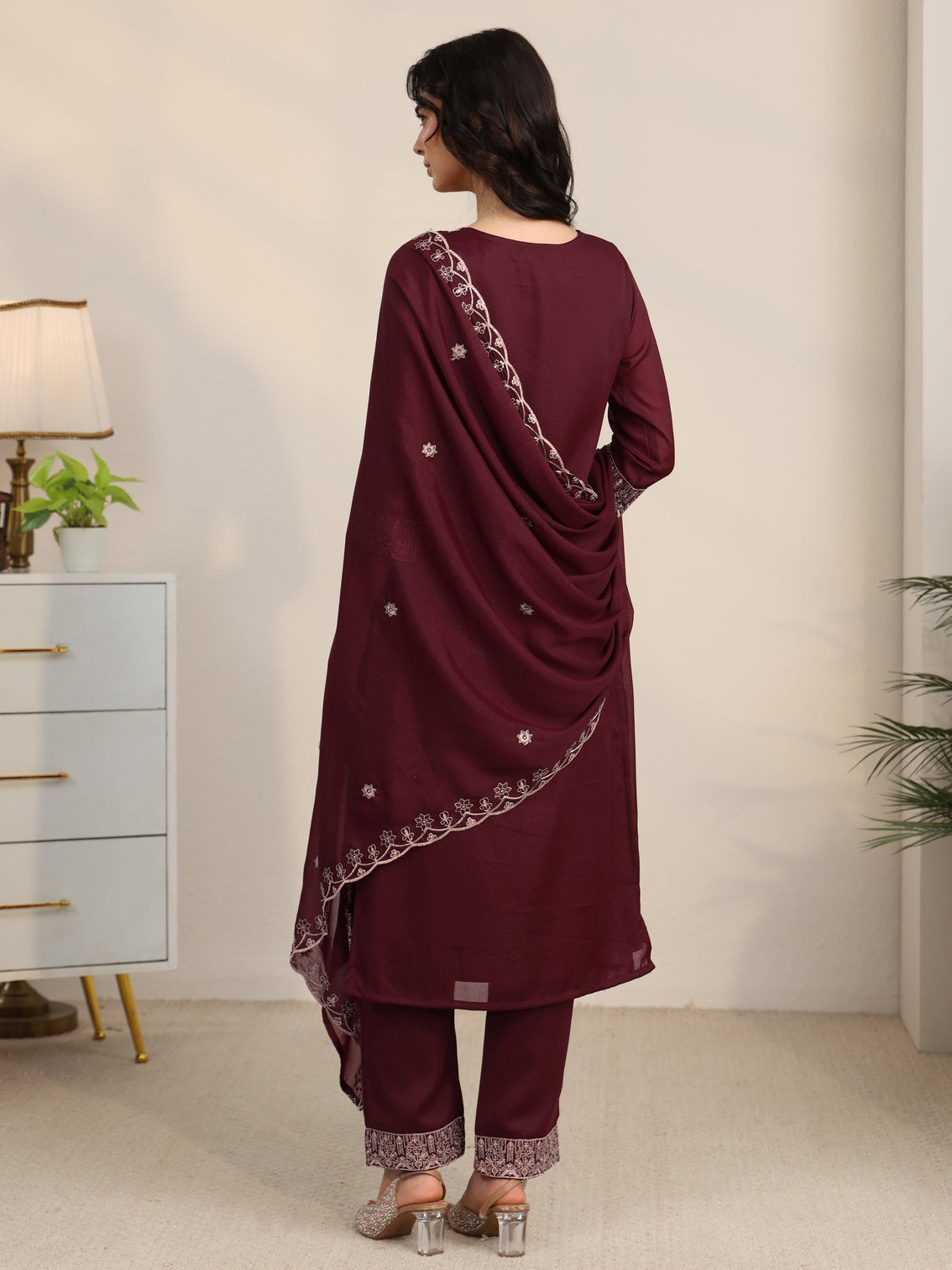 Mameraa Maroon Embroidered Chinon Straight Suit Set