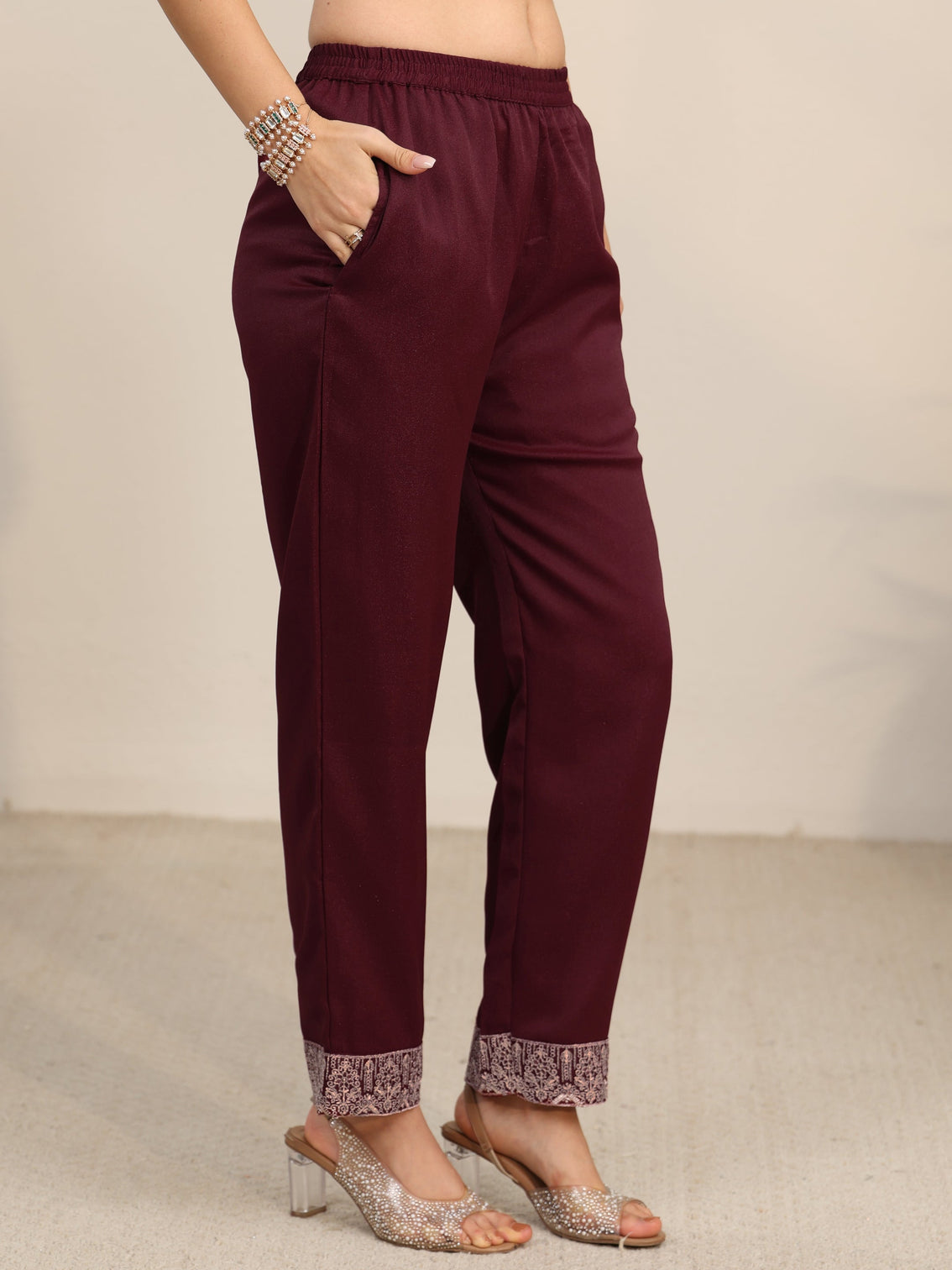 Mameraa Maroon Embroidered Chinon Straight Suit Set