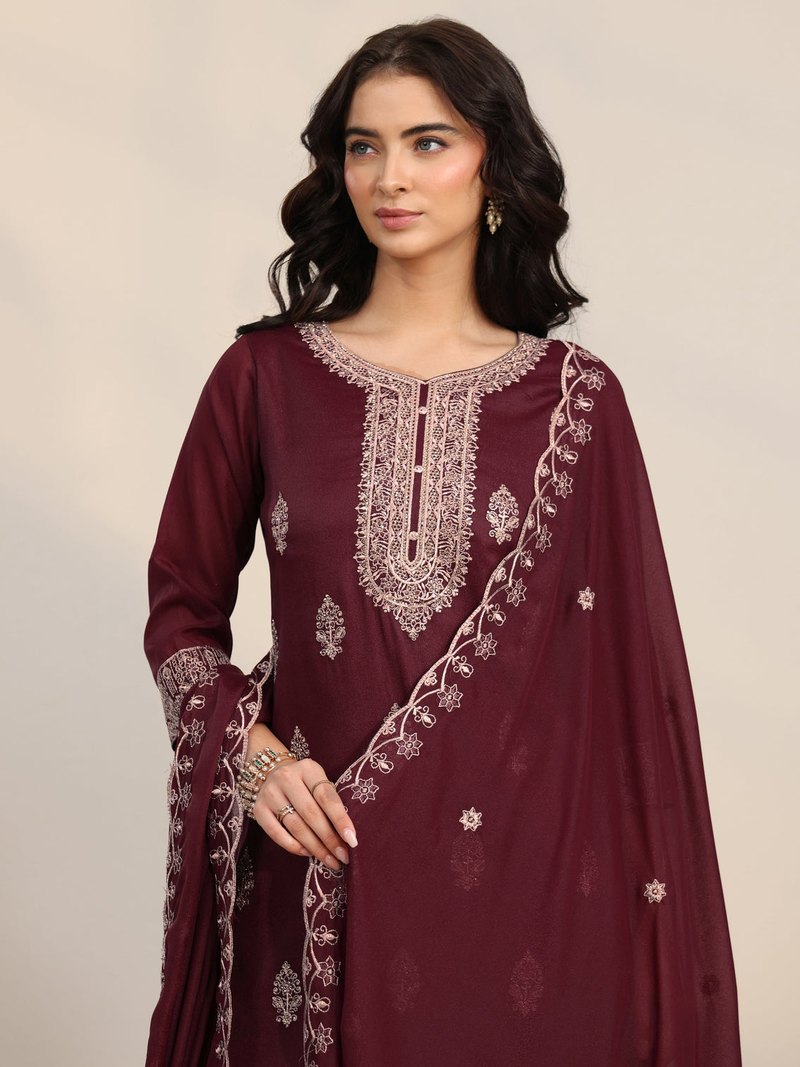 Mameraa Maroon Embroidered Chinon Straight Suit Set