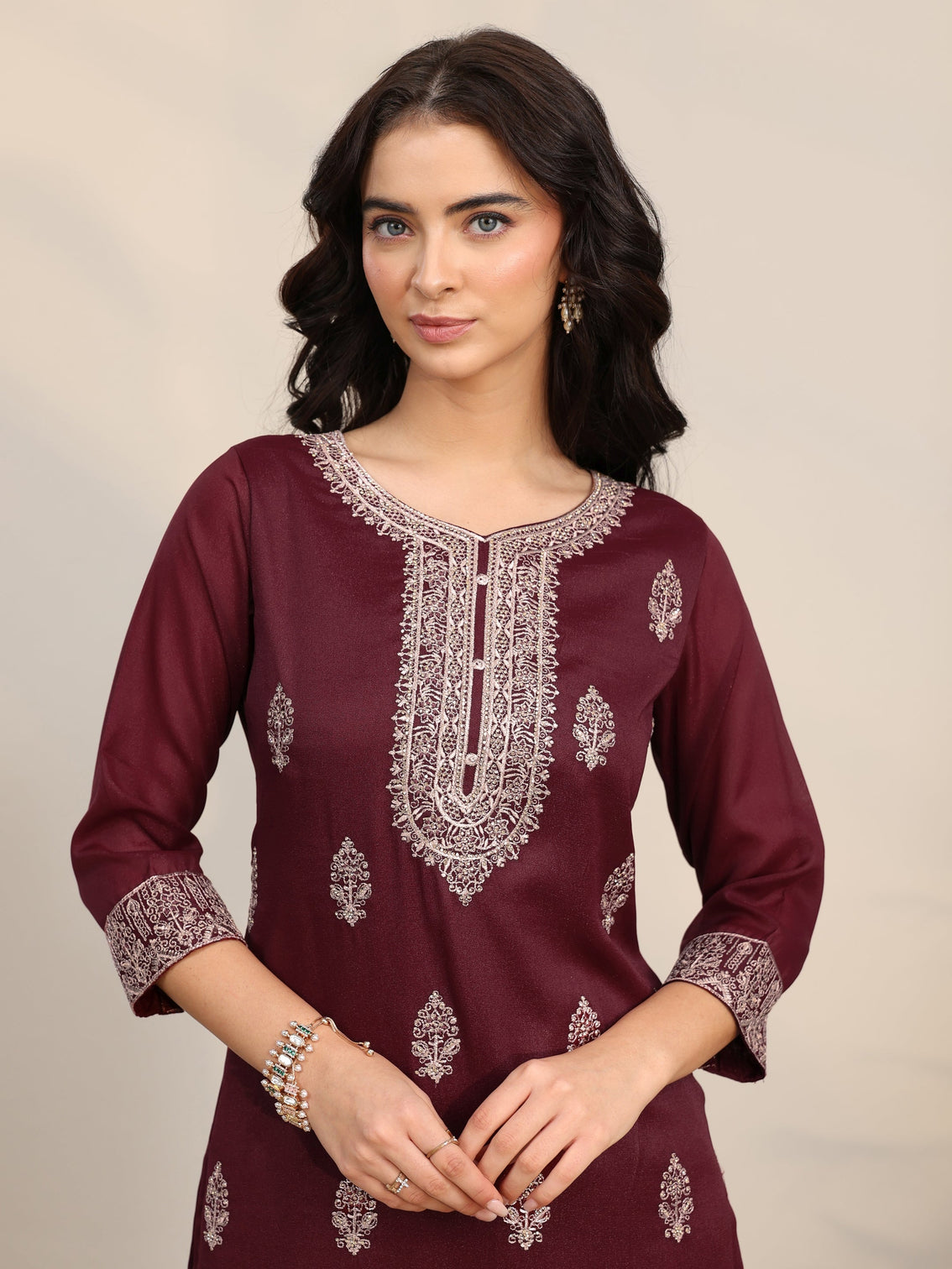 Mameraa Maroon Embroidered Chinon Straight Suit Set