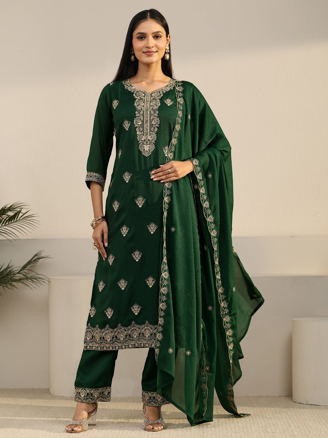 Mameraa Sacramento Green Embroidered Chinon Straight Suit Set