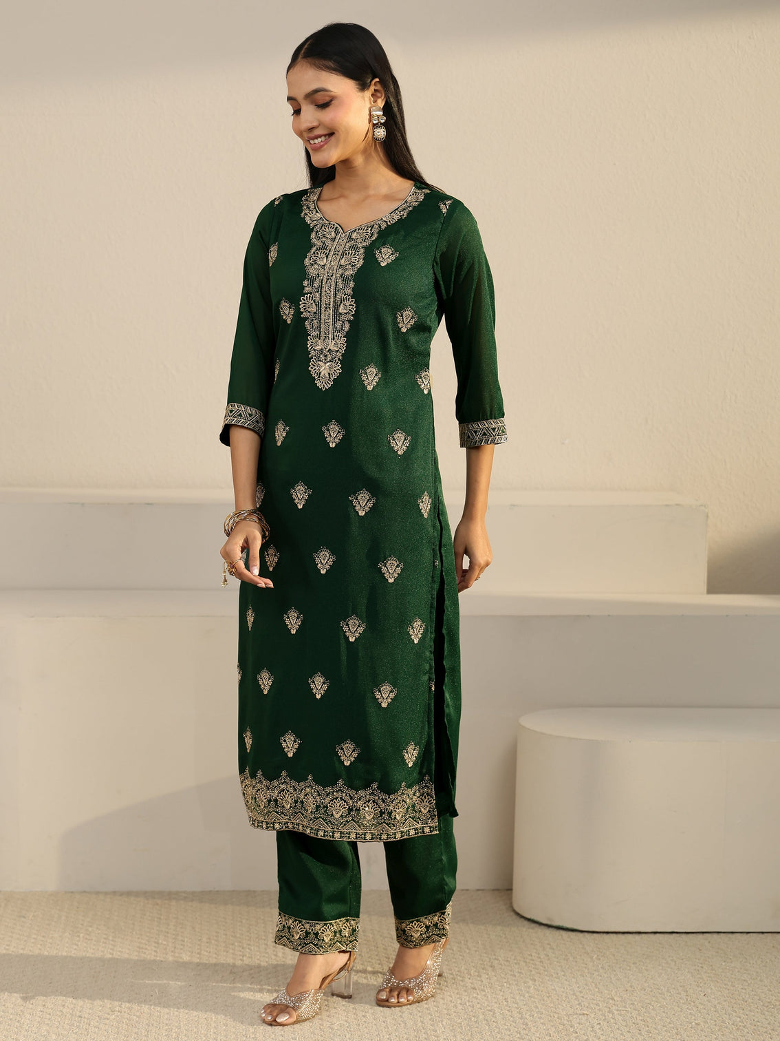Mameraa Sacramento Green Embroidered Chinon Straight Suit Set
