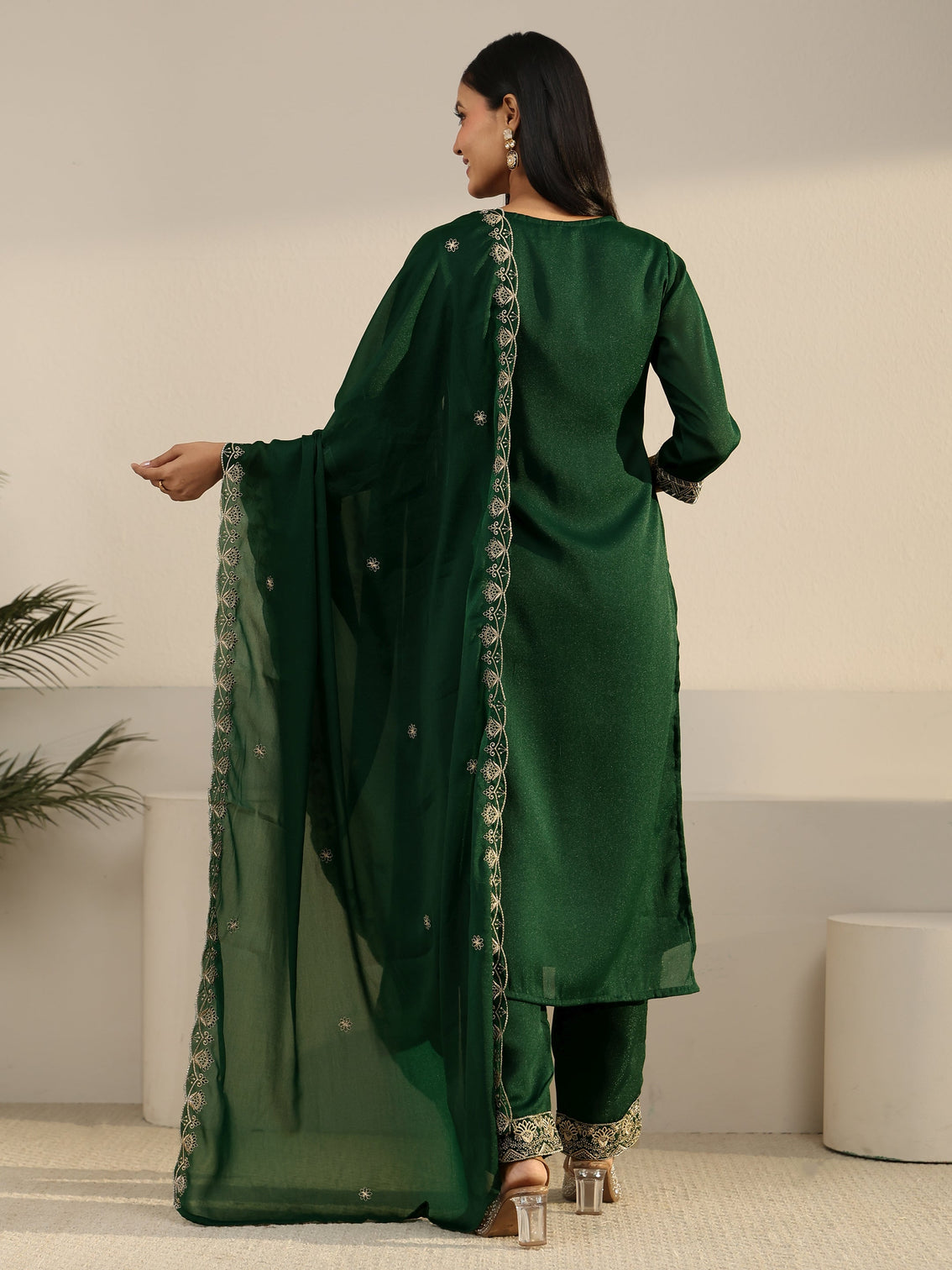 Mameraa Sacramento Green Embroidered Chinon Straight Suit Set