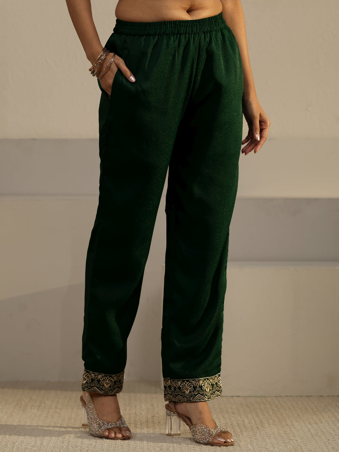 Mameraa Sacramento Green Embroidered Chinon Straight Suit Set