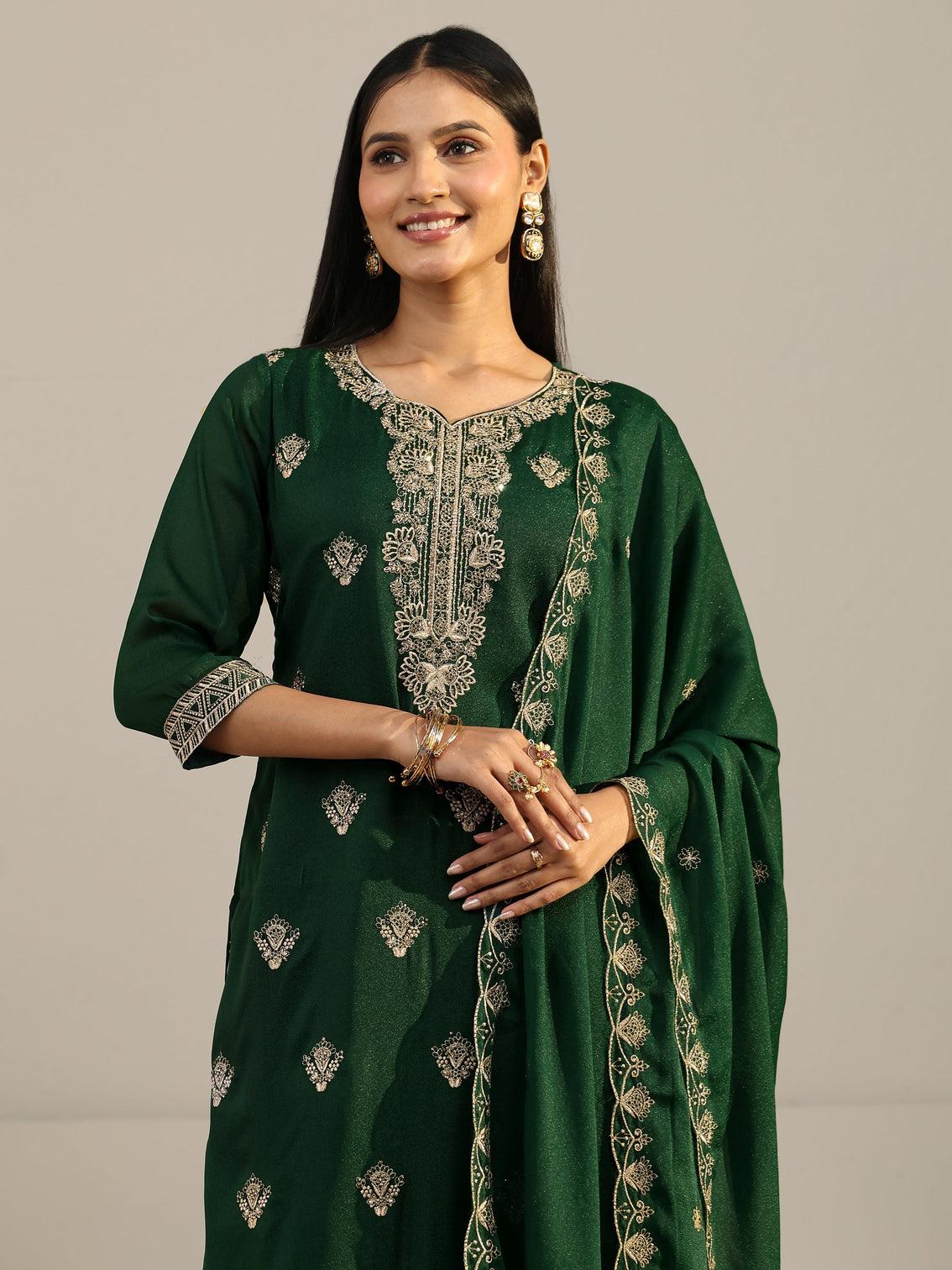 Mameraa Sacramento Green Embroidered Chinon Straight Suit Set