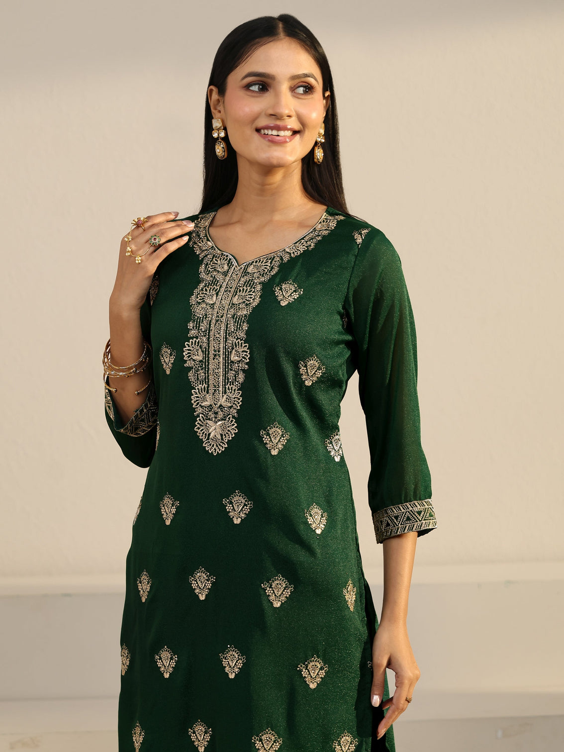 Mameraa Sacramento Green Embroidered Chinon Straight Suit Set