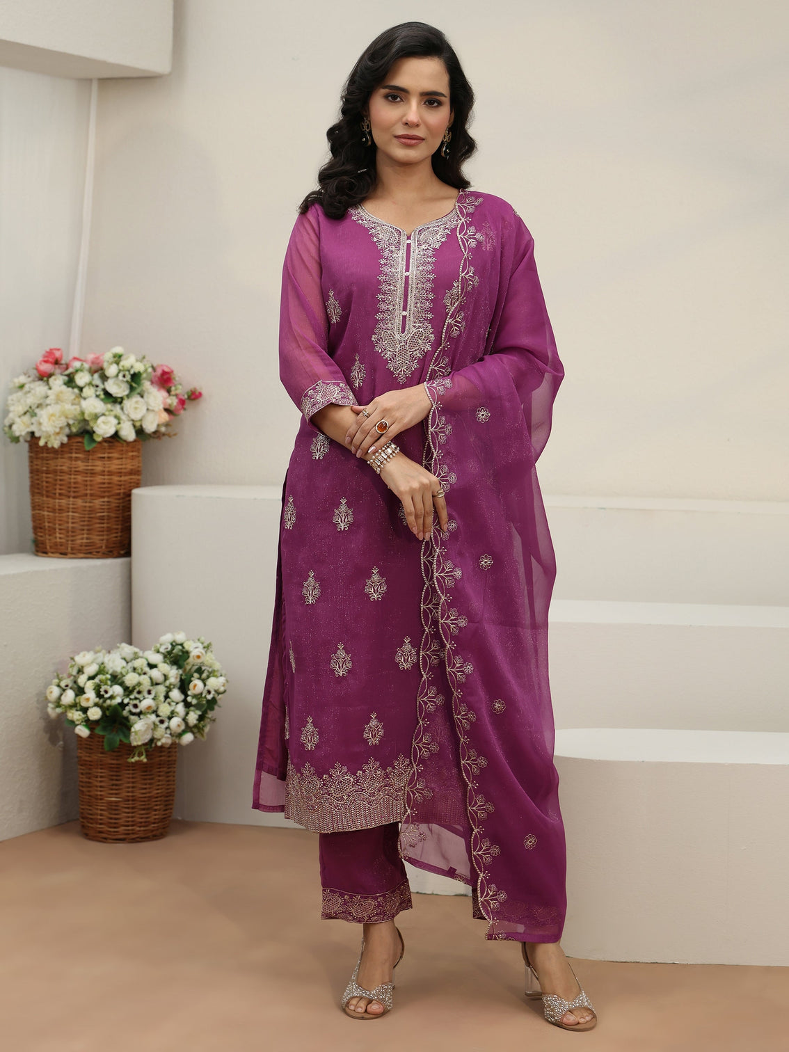 Mameraa Lavender Embroidered Chinon Straight Suit Set