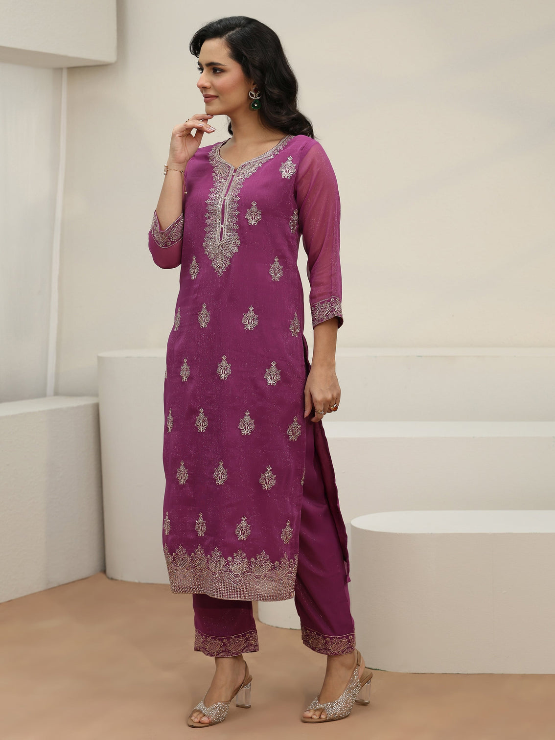 Mameraa Lavender Embroidered Chinon Straight Suit Set