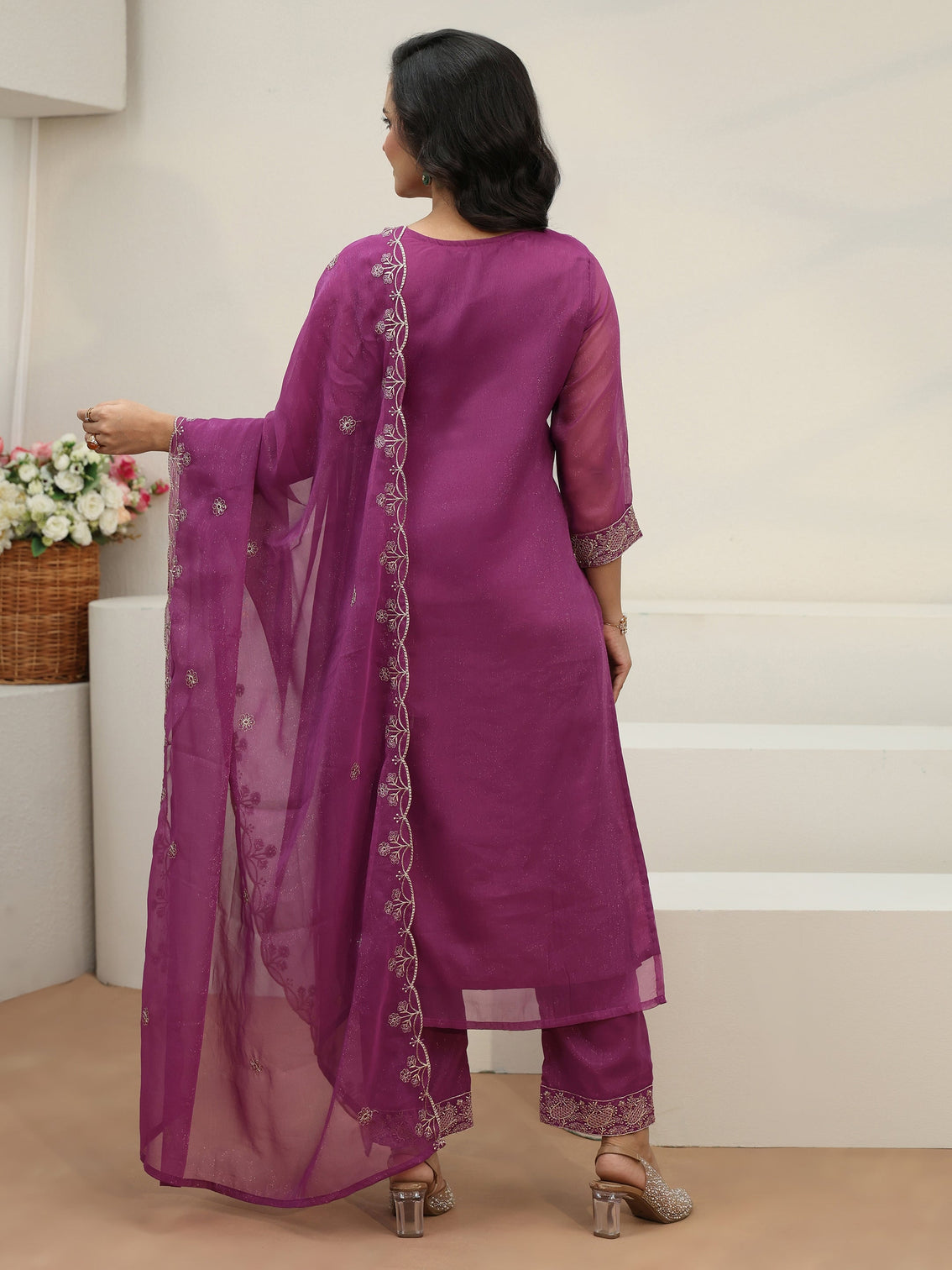 Mameraa Lavender Embroidered Chinon Straight Suit Set