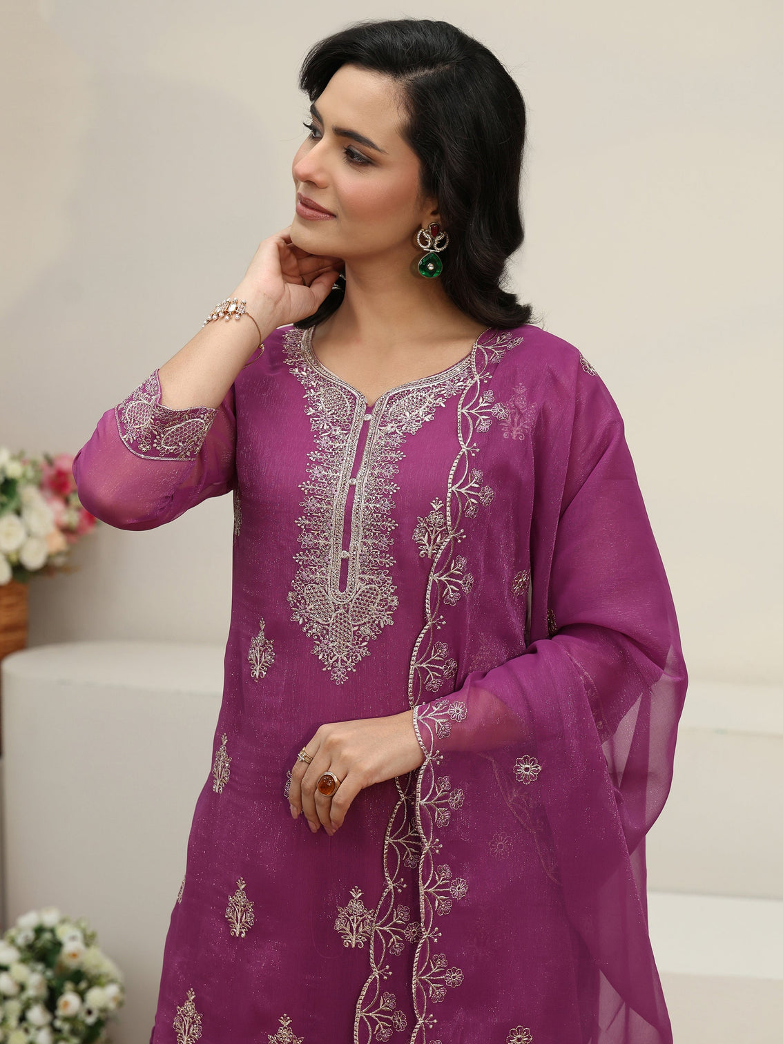 Mameraa Lavender Embroidered Chinon Straight Suit Set