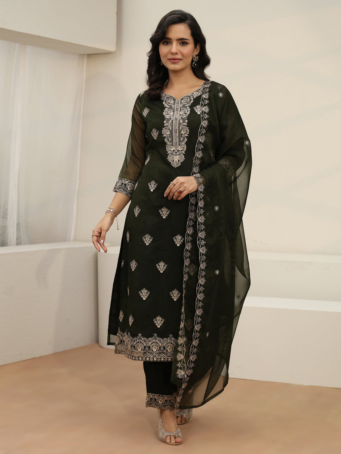 Mameraa Dark Green Embroidered Chinon Straight Suit Set