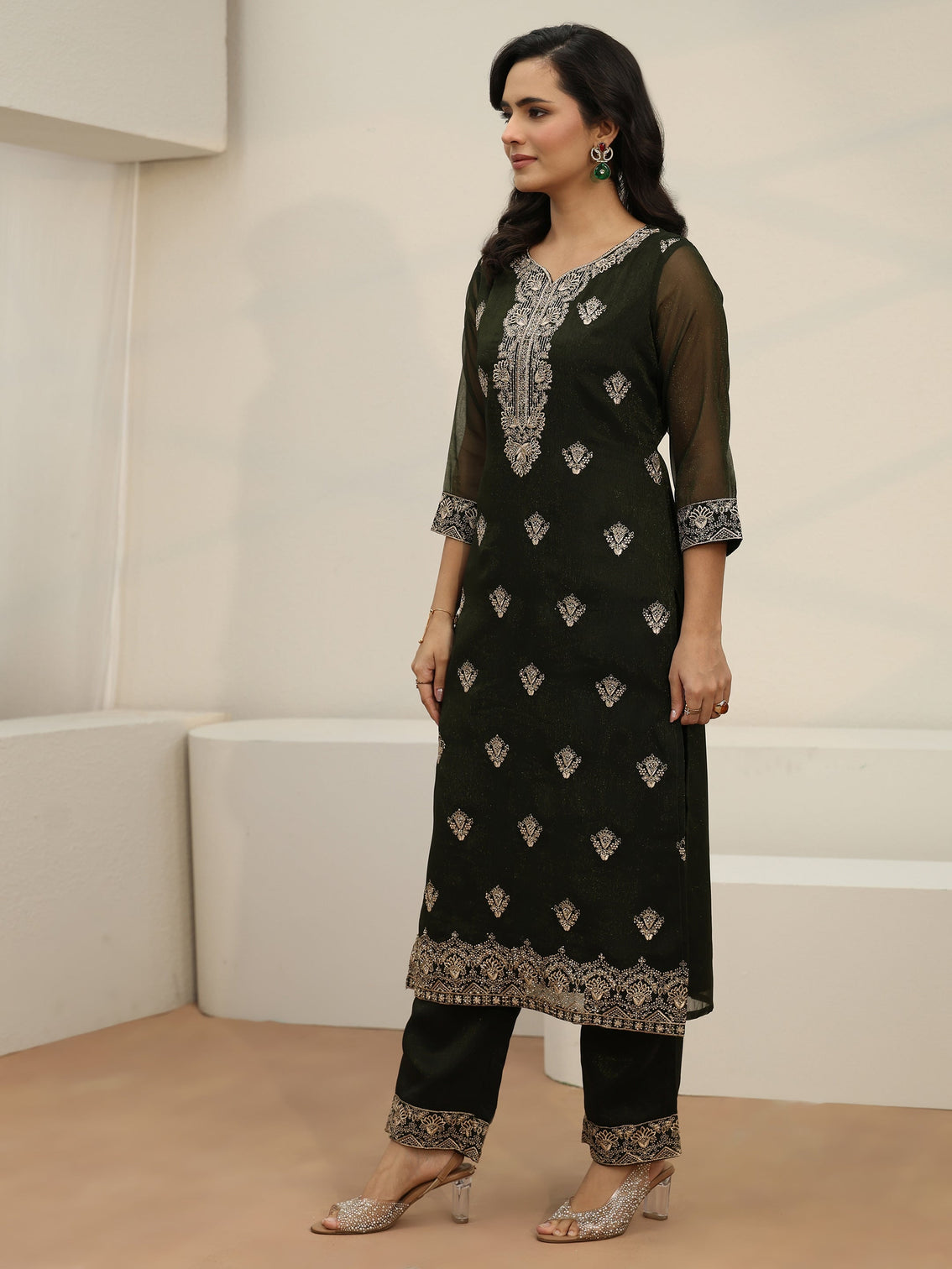 Mameraa Dark Green Embroidered Chinon Straight Suit Set