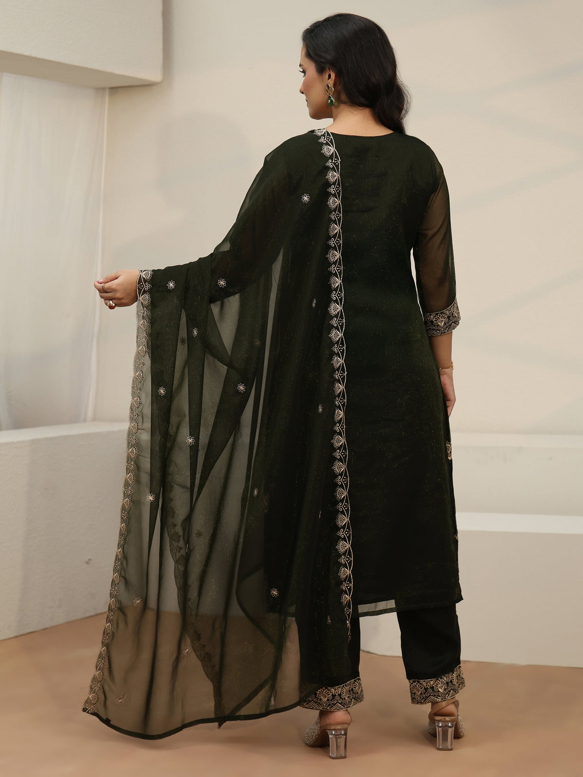 Mameraa Dark Green Embroidered Chinon Straight Suit Set