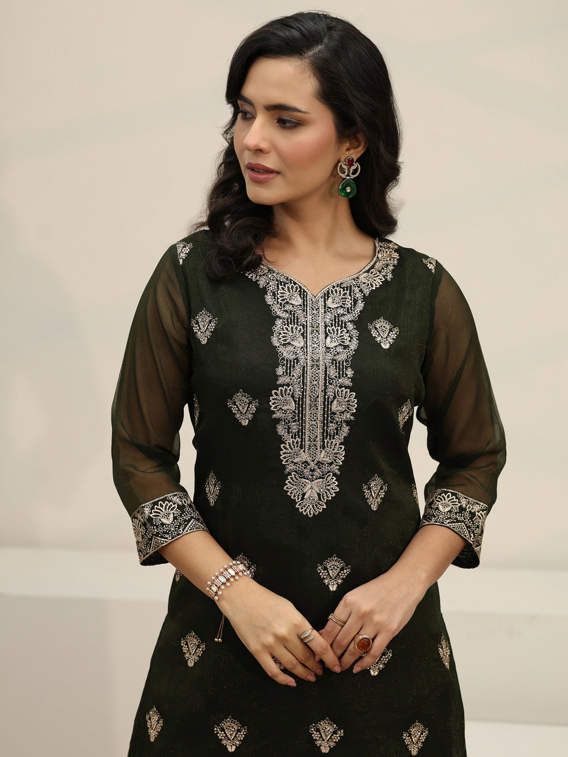 Mameraa Dark Green Embroidered Chinon Straight Suit Set