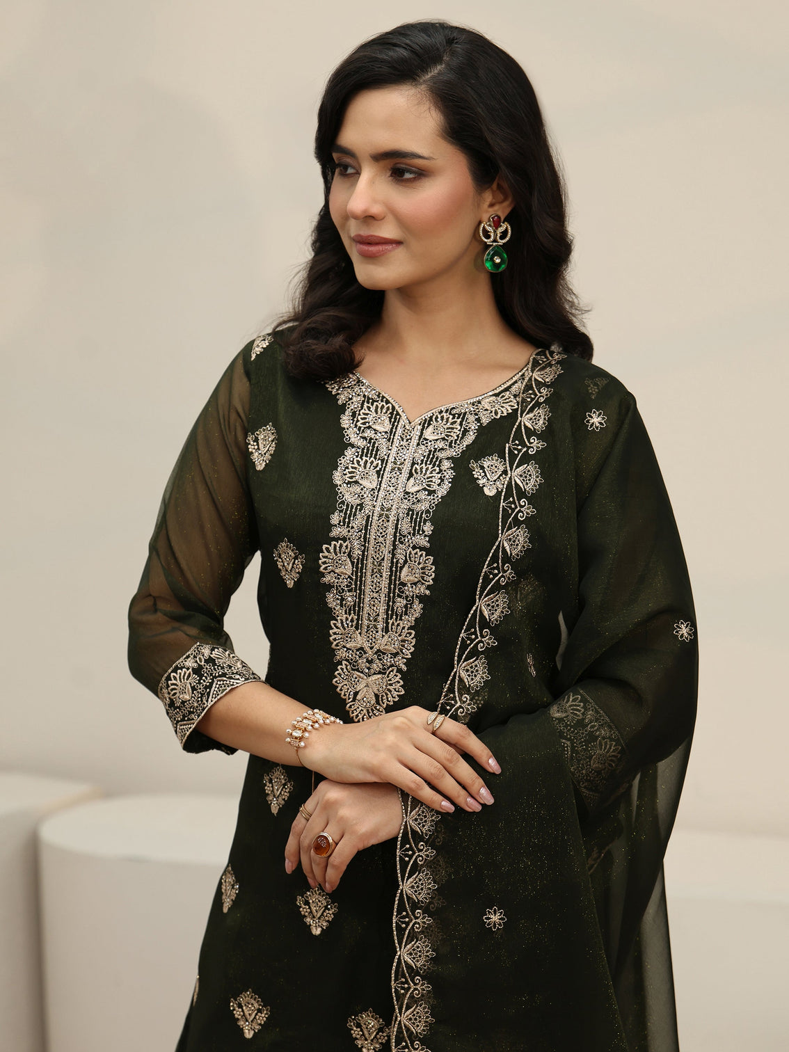 Mameraa Dark Green Embroidered Chinon Straight Suit Set