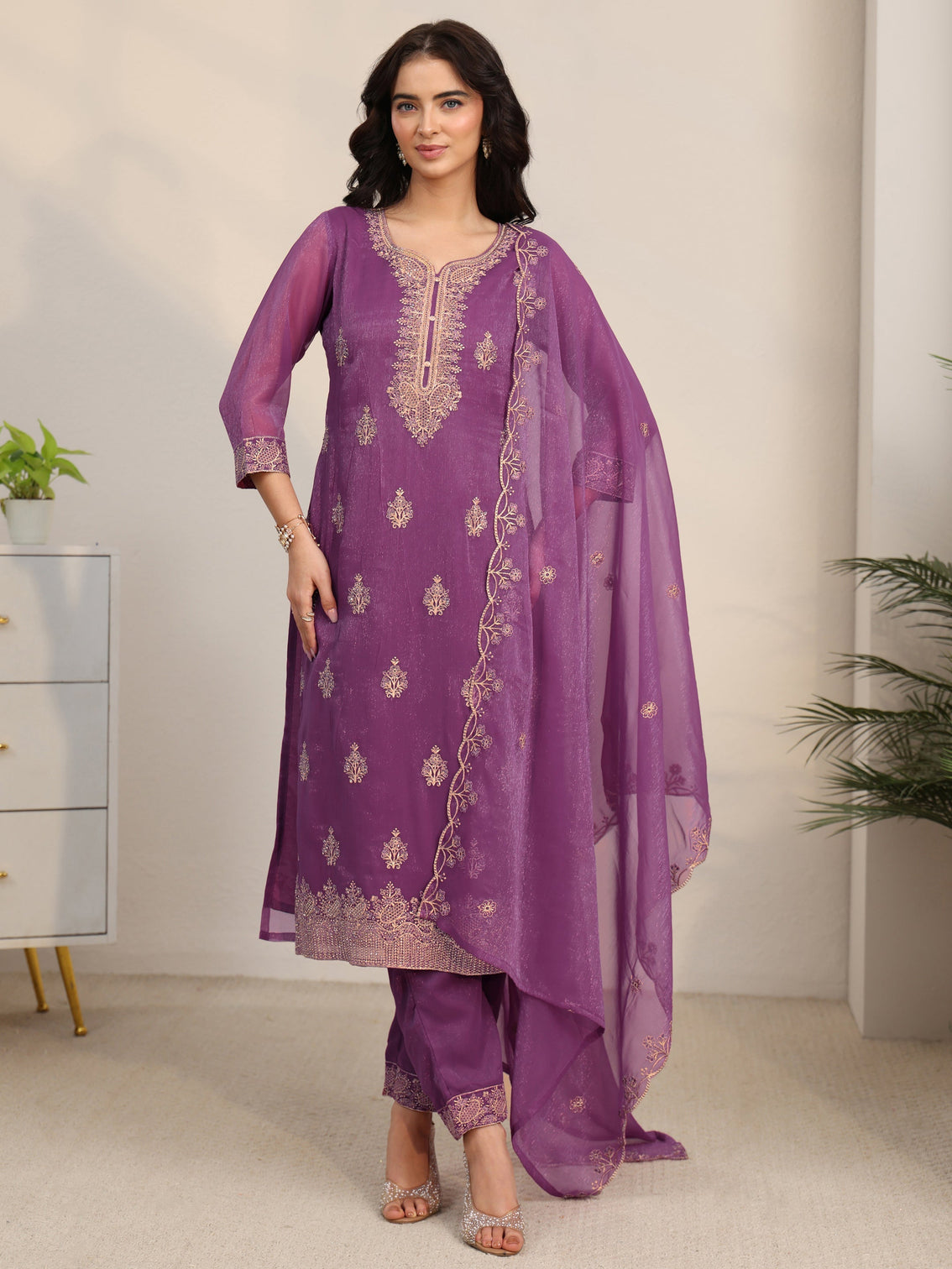 Mameraa Burgundy Embroidered Chinon Straight Suit Set