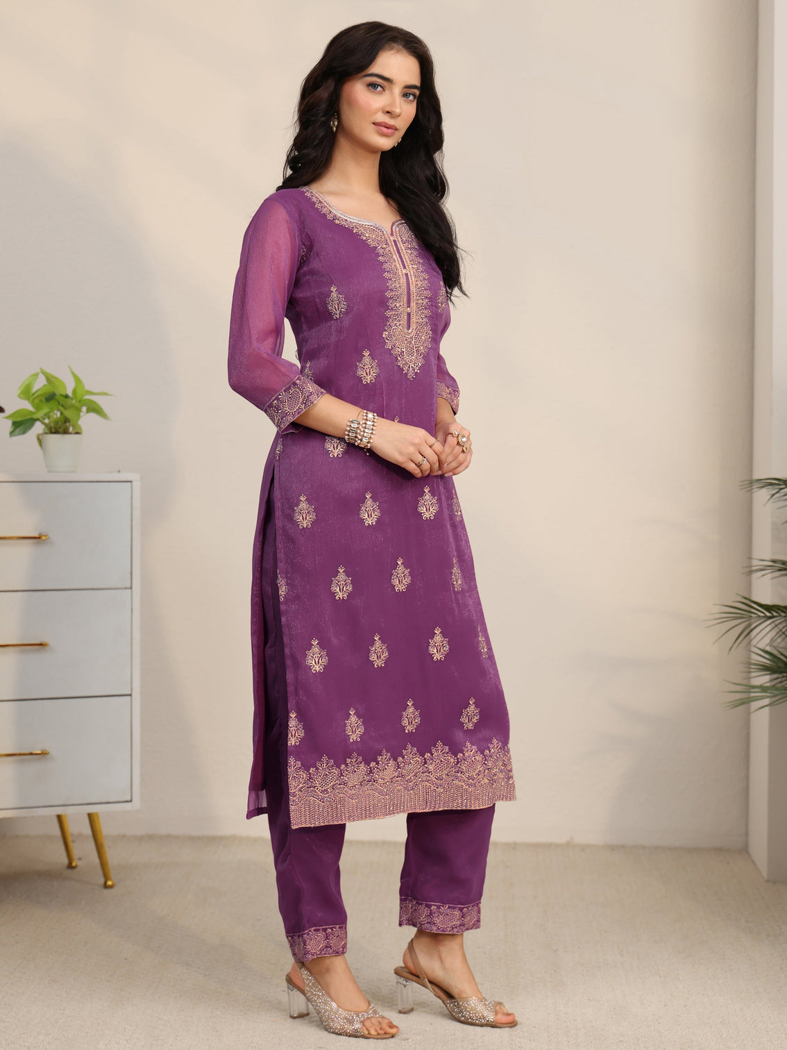 Mameraa Burgundy Embroidered Chinon Straight Suit Set
