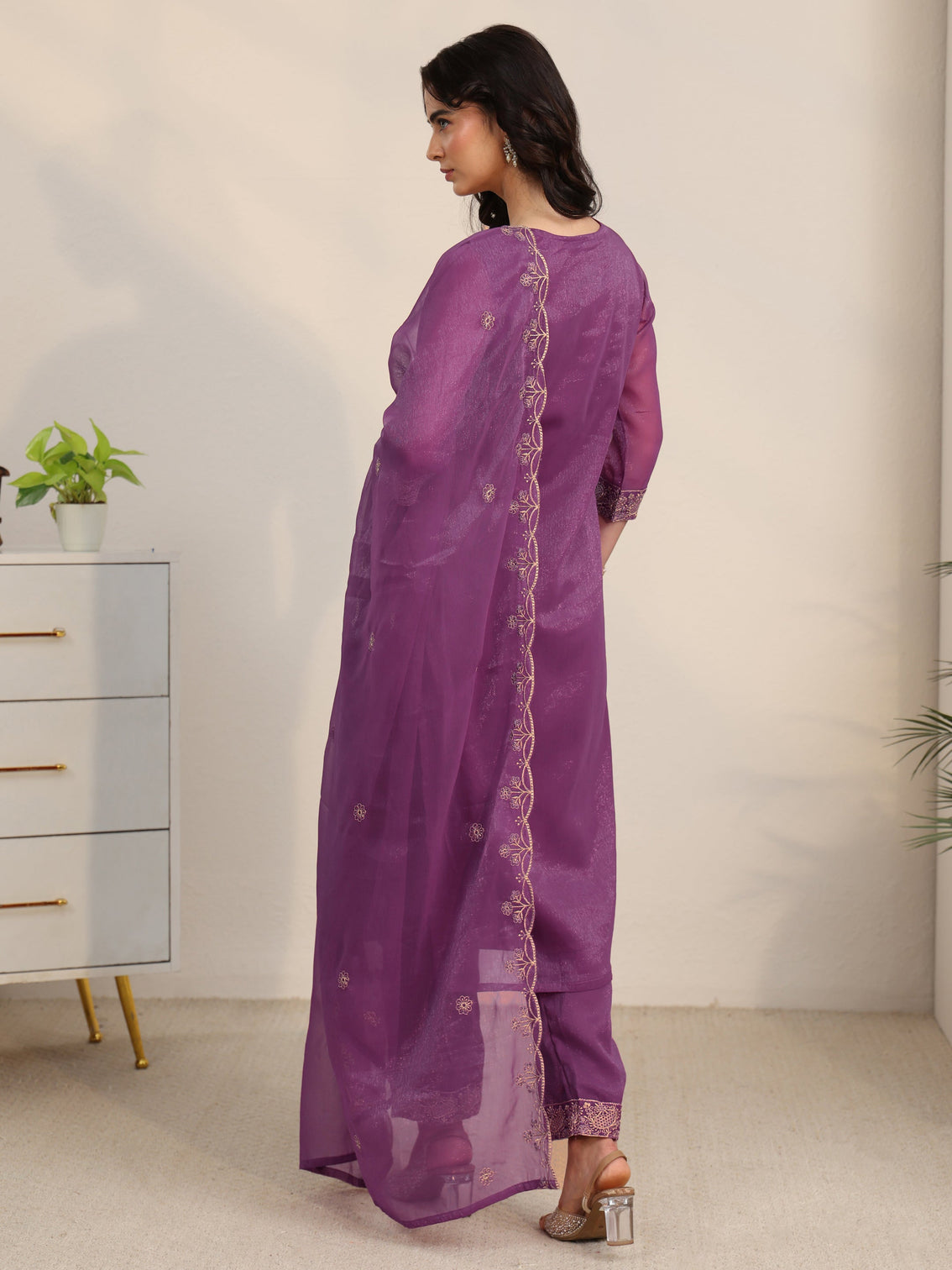 Mameraa Burgundy Embroidered Chinon Straight Suit Set