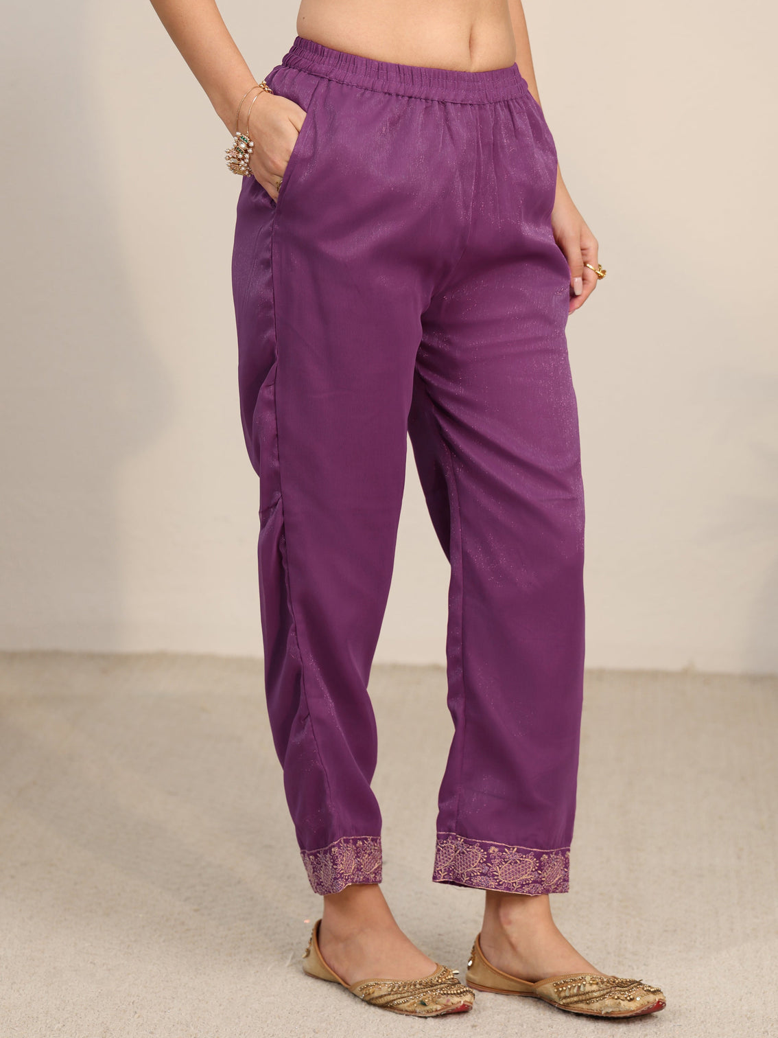 Mameraa Burgundy Embroidered Chinon Straight Suit Set