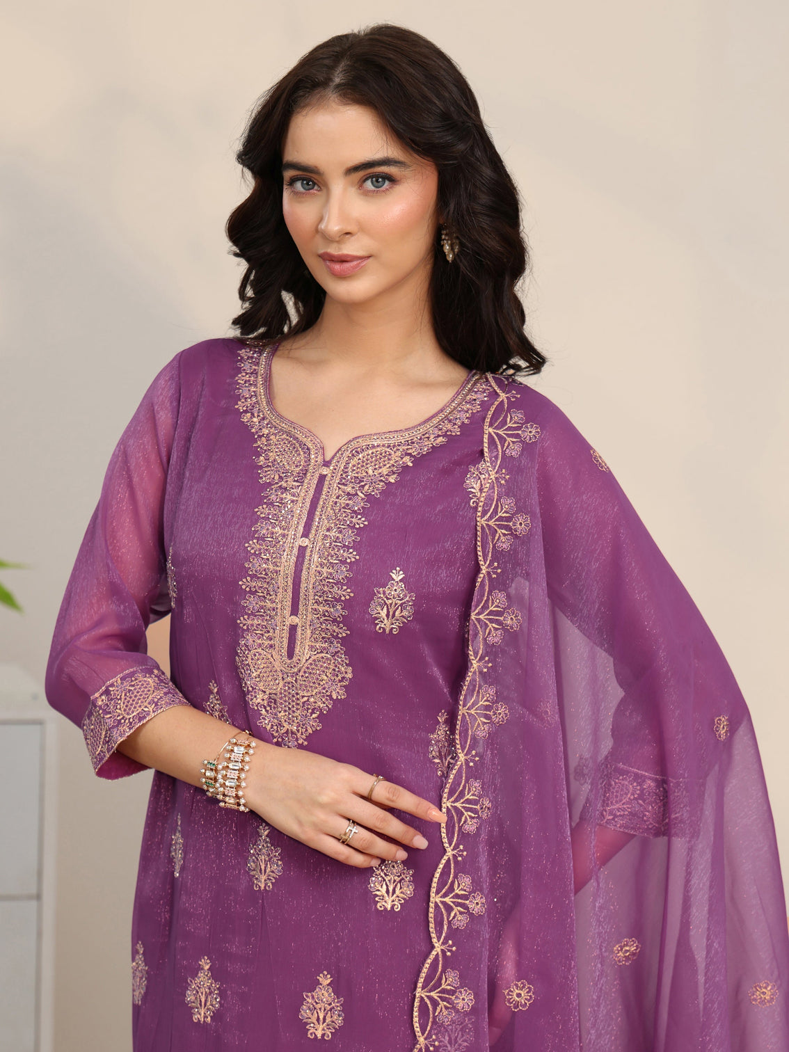 Mameraa Burgundy Embroidered Chinon Straight Suit Set
