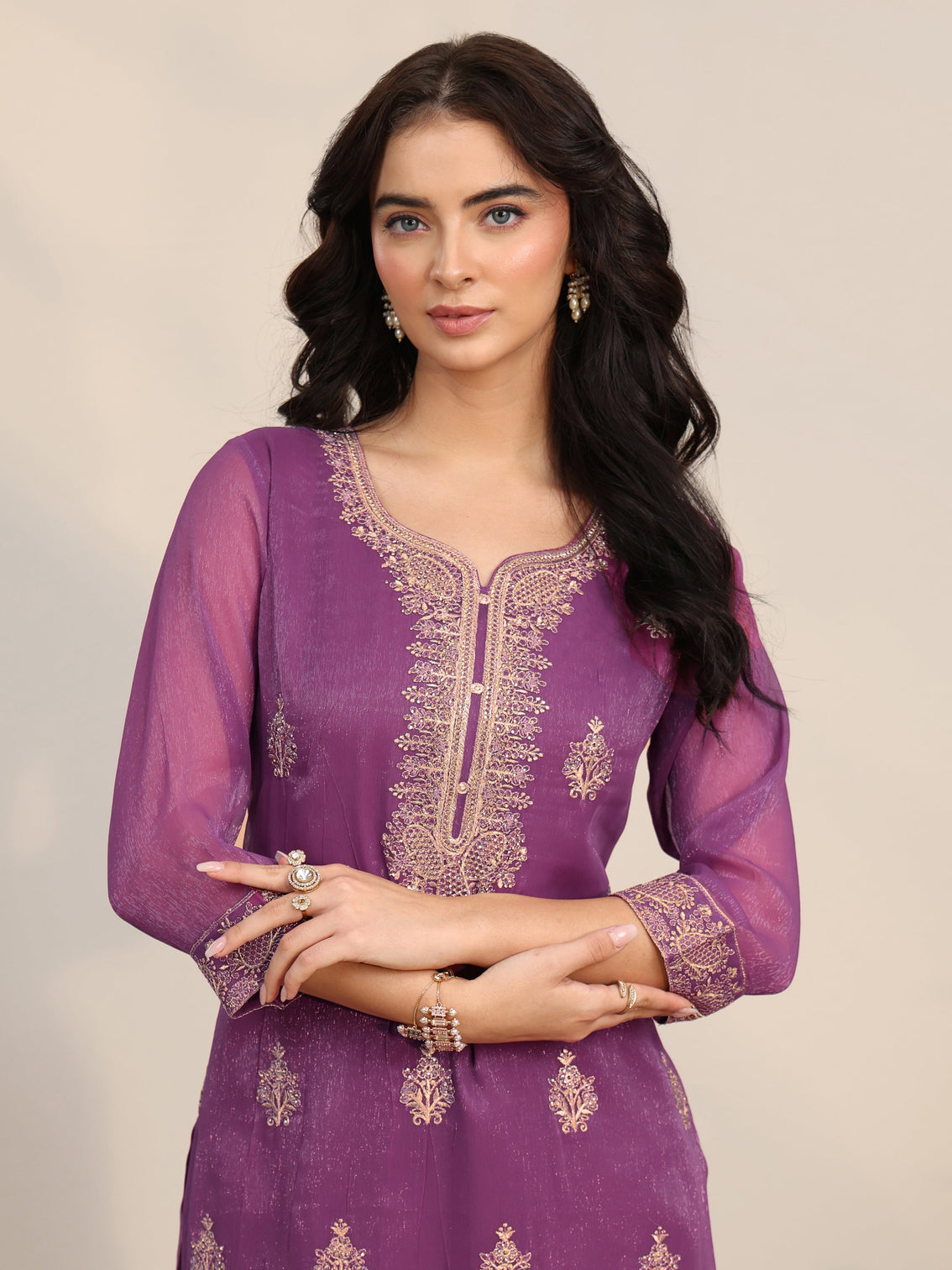 Mameraa Burgundy Embroidered Chinon Straight Suit Set