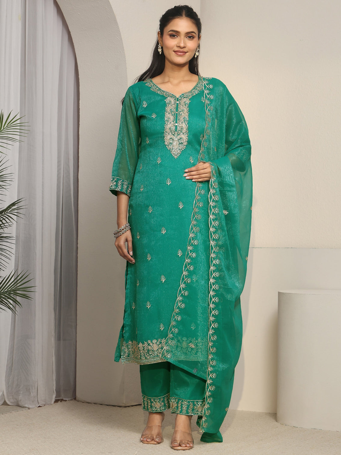 Mameraa Sea Green Floral Embroidered Chinon Straight Suit Set