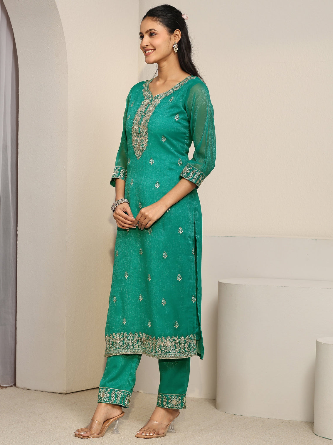 Mameraa Sea Green Floral Embroidered Chinon Straight Suit Set