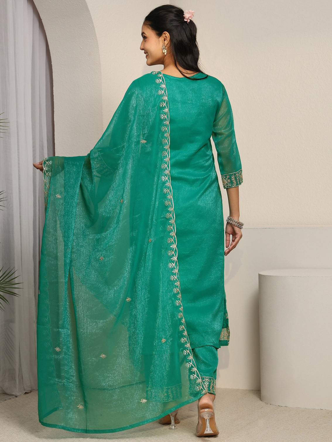 Mameraa Sea Green Floral Embroidered Chinon Straight Suit Set