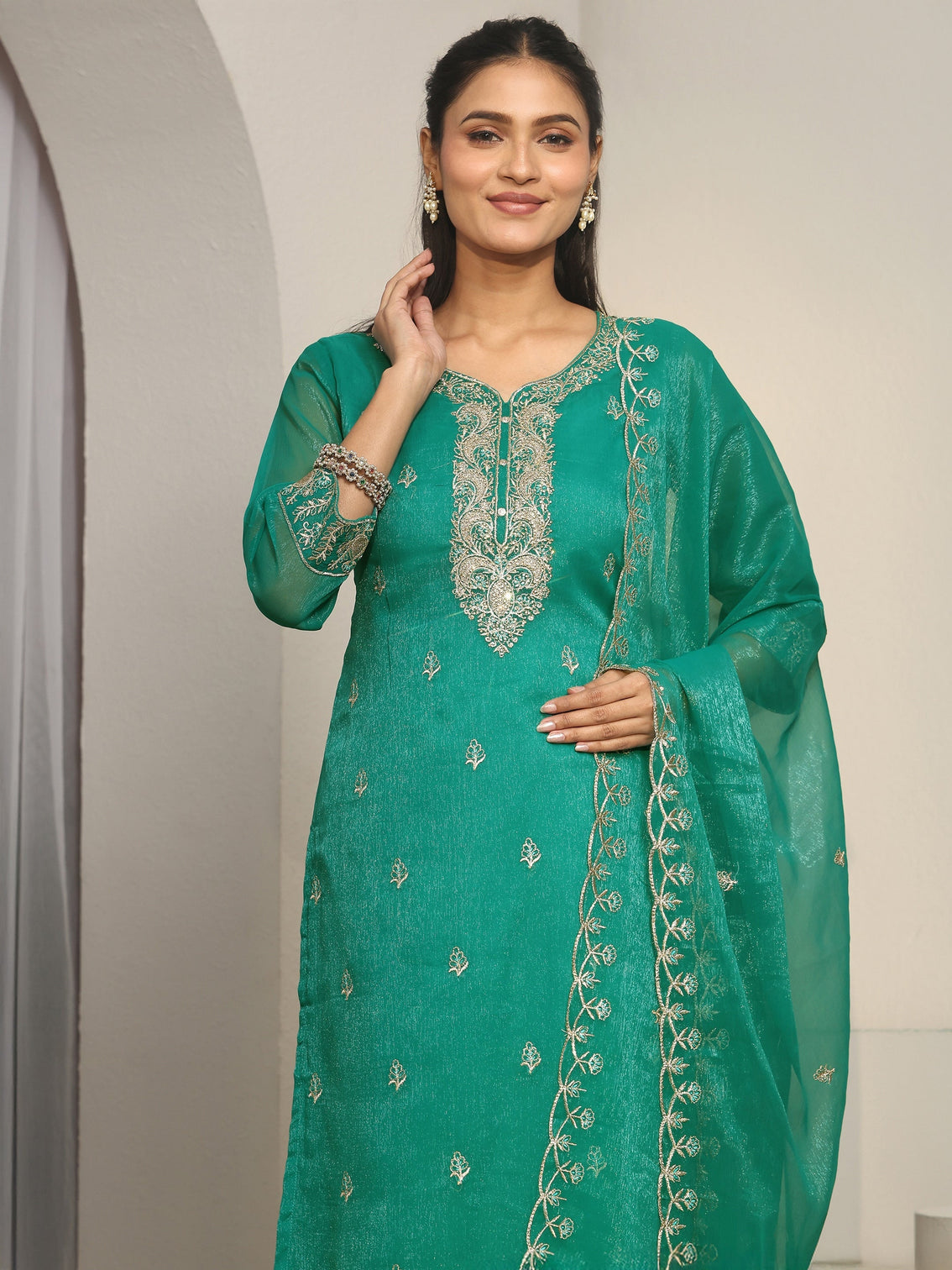 Mameraa Sea Green Floral Embroidered Chinon Straight Suit Set