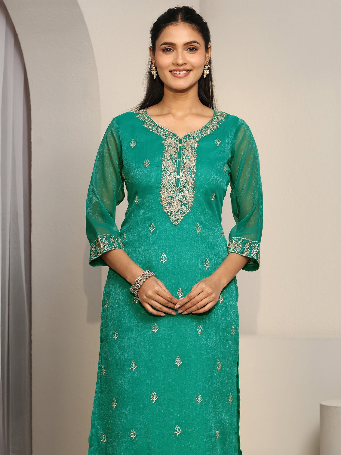 Mameraa Sea Green Floral Embroidered Chinon Straight Suit Set