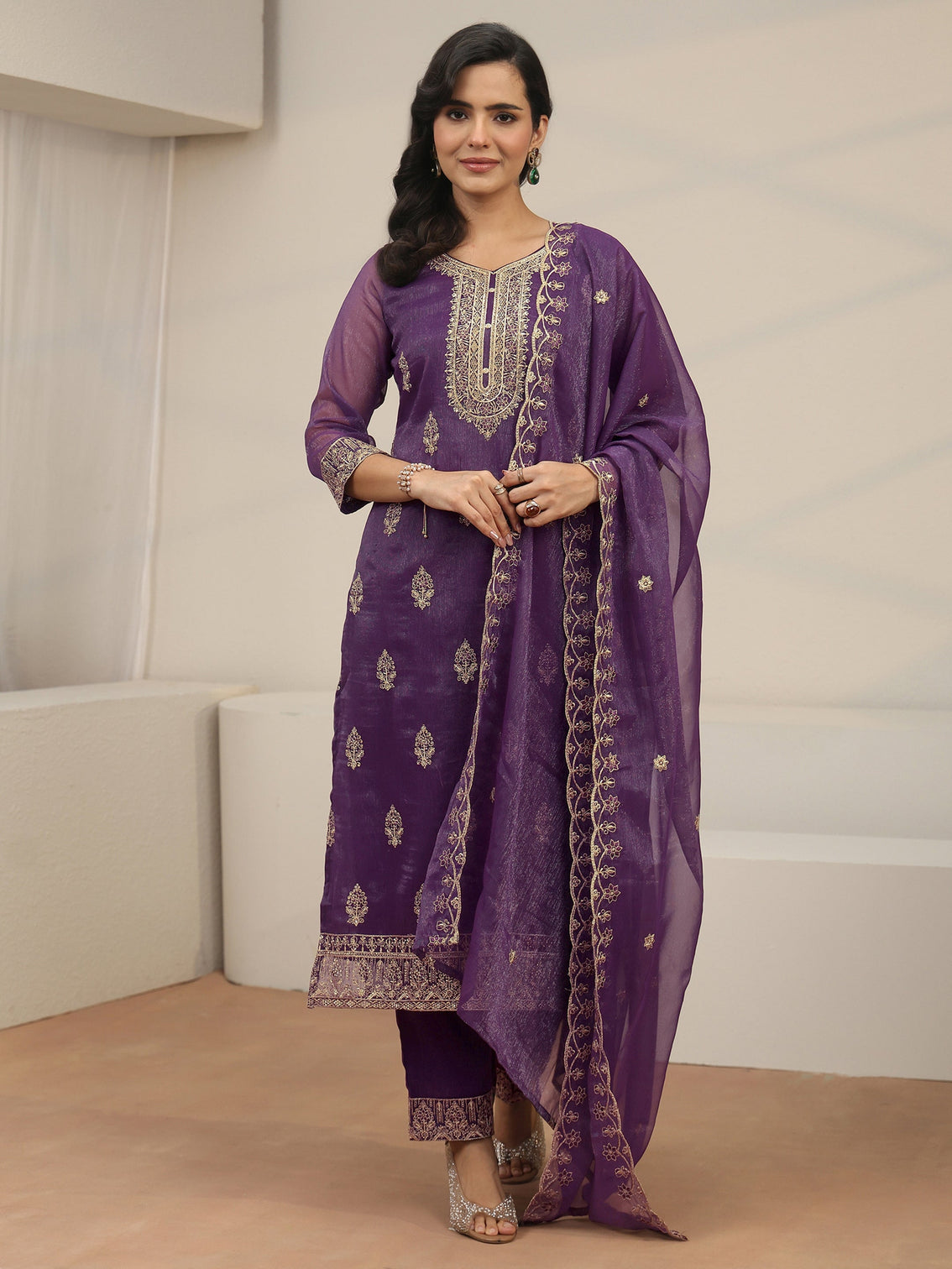 Mameraa Purple Floral Embroidered Chinon Straight Suit Set