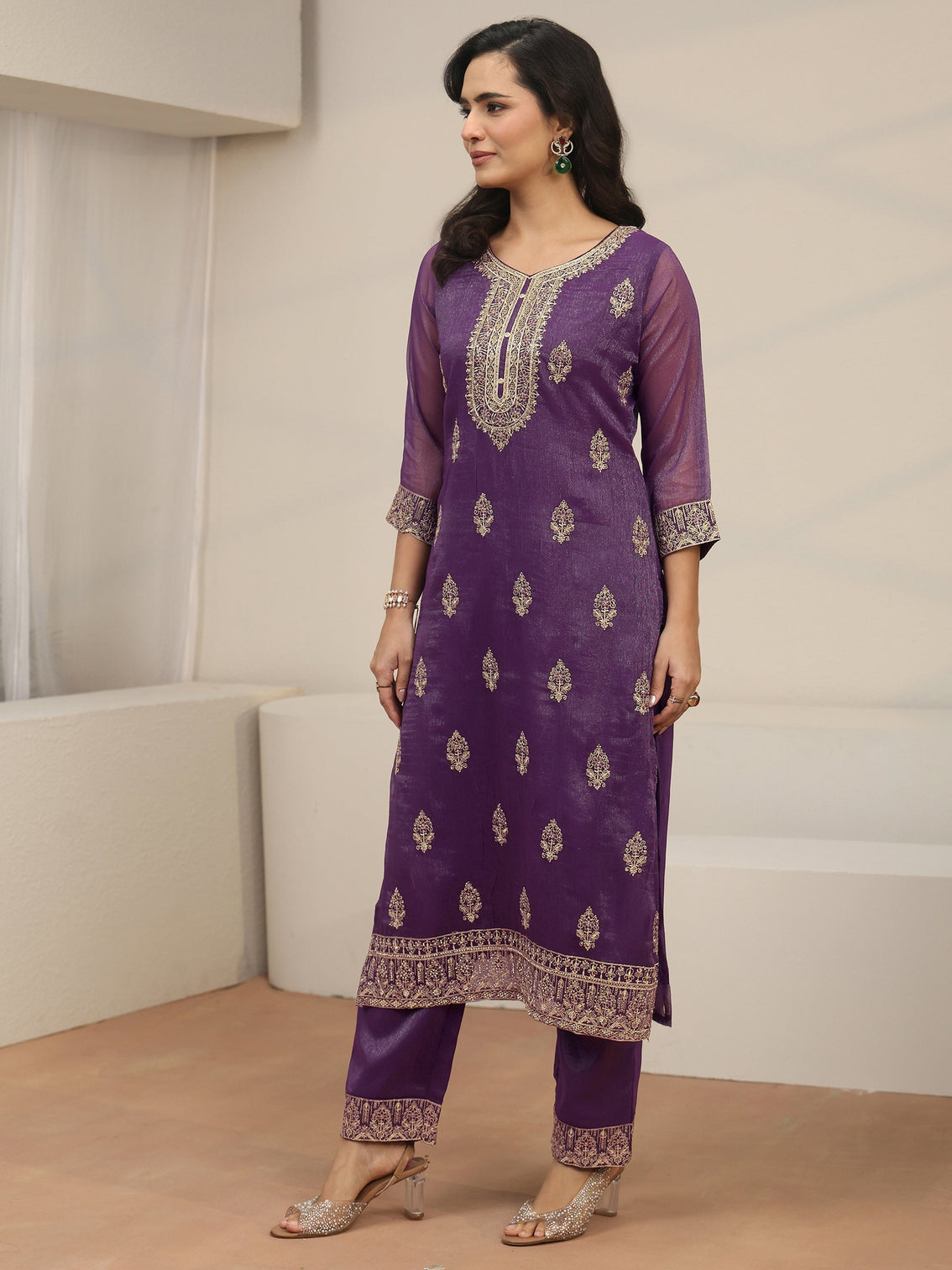 Mameraa Purple Floral Embroidered Chinon Straight Suit Set