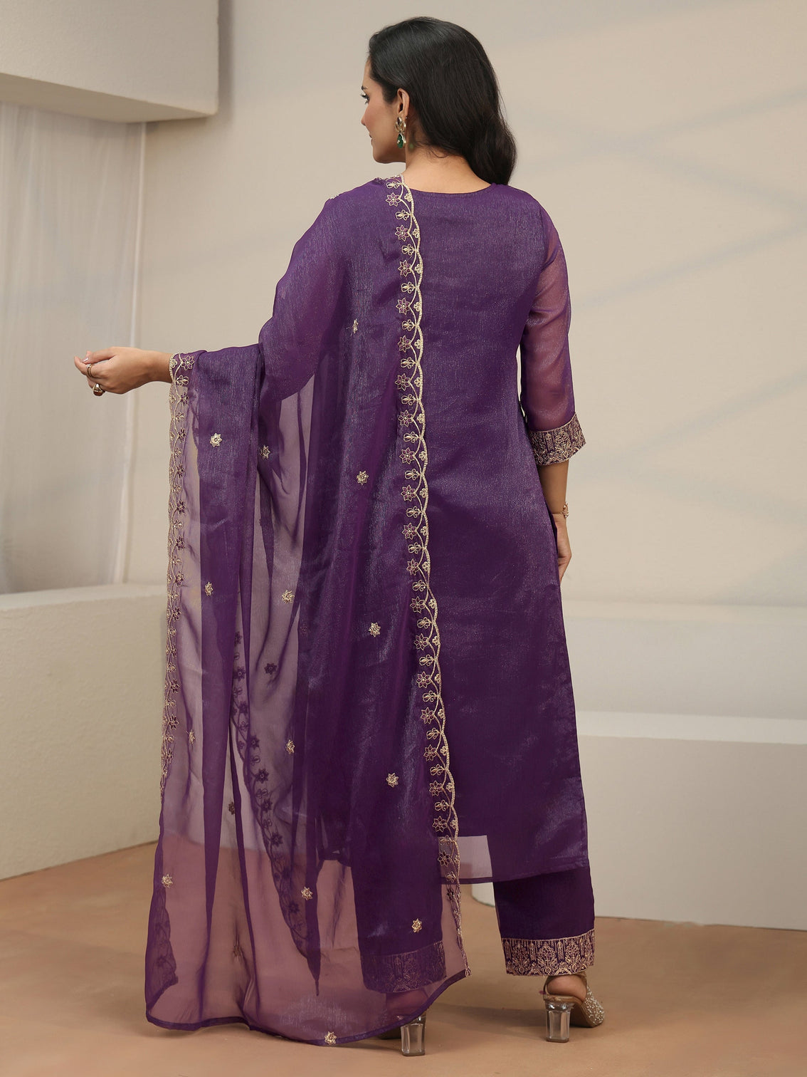 Mameraa Purple Floral Embroidered Chinon Straight Suit Set