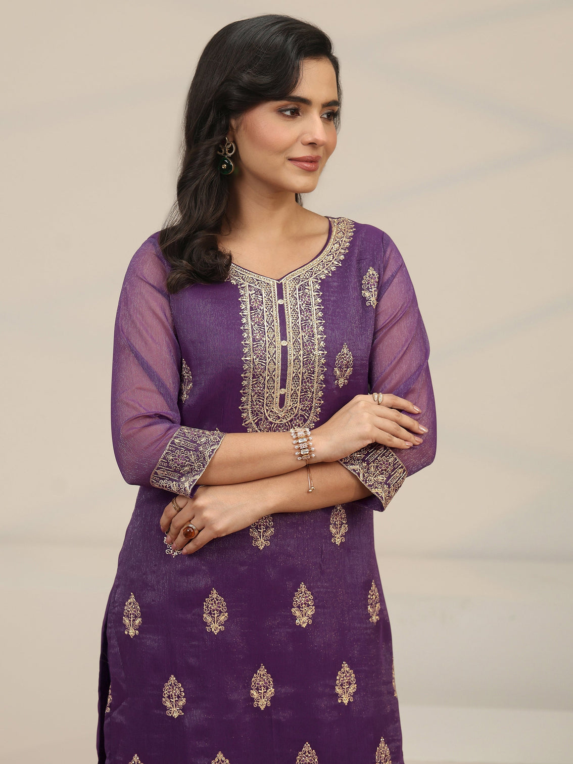 Mameraa Purple Floral Embroidered Chinon Straight Suit Set