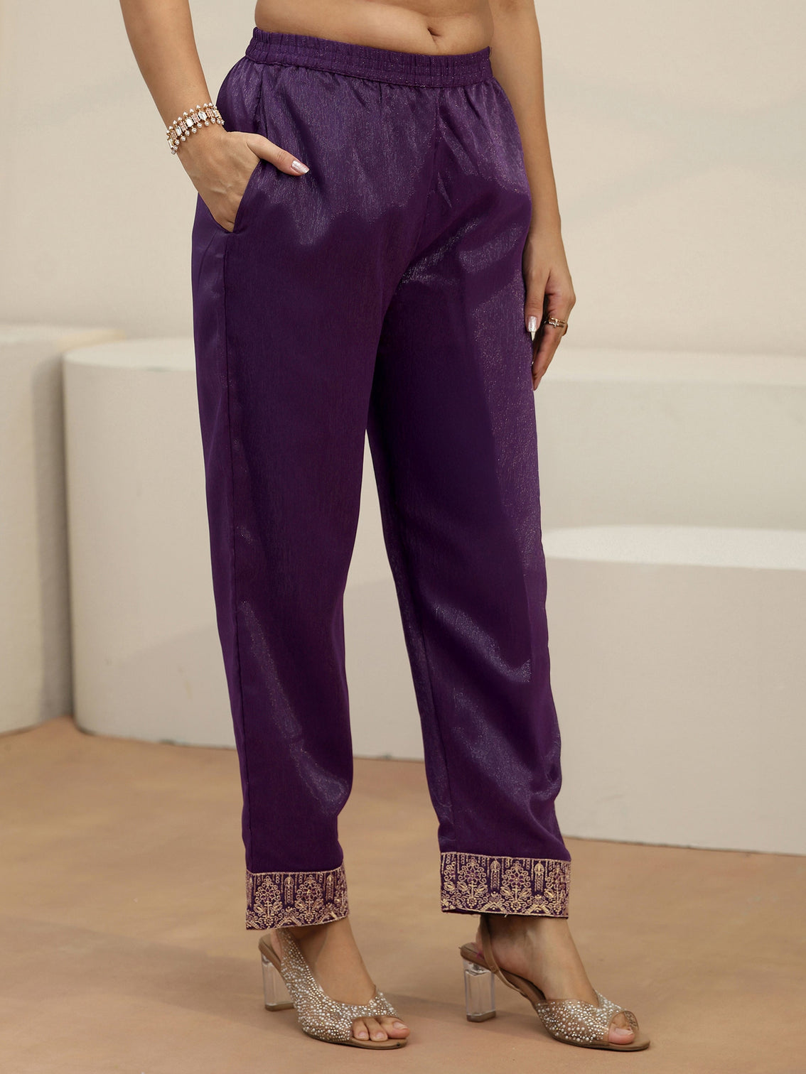 Mameraa Purple Floral Embroidered Chinon Straight Suit Set